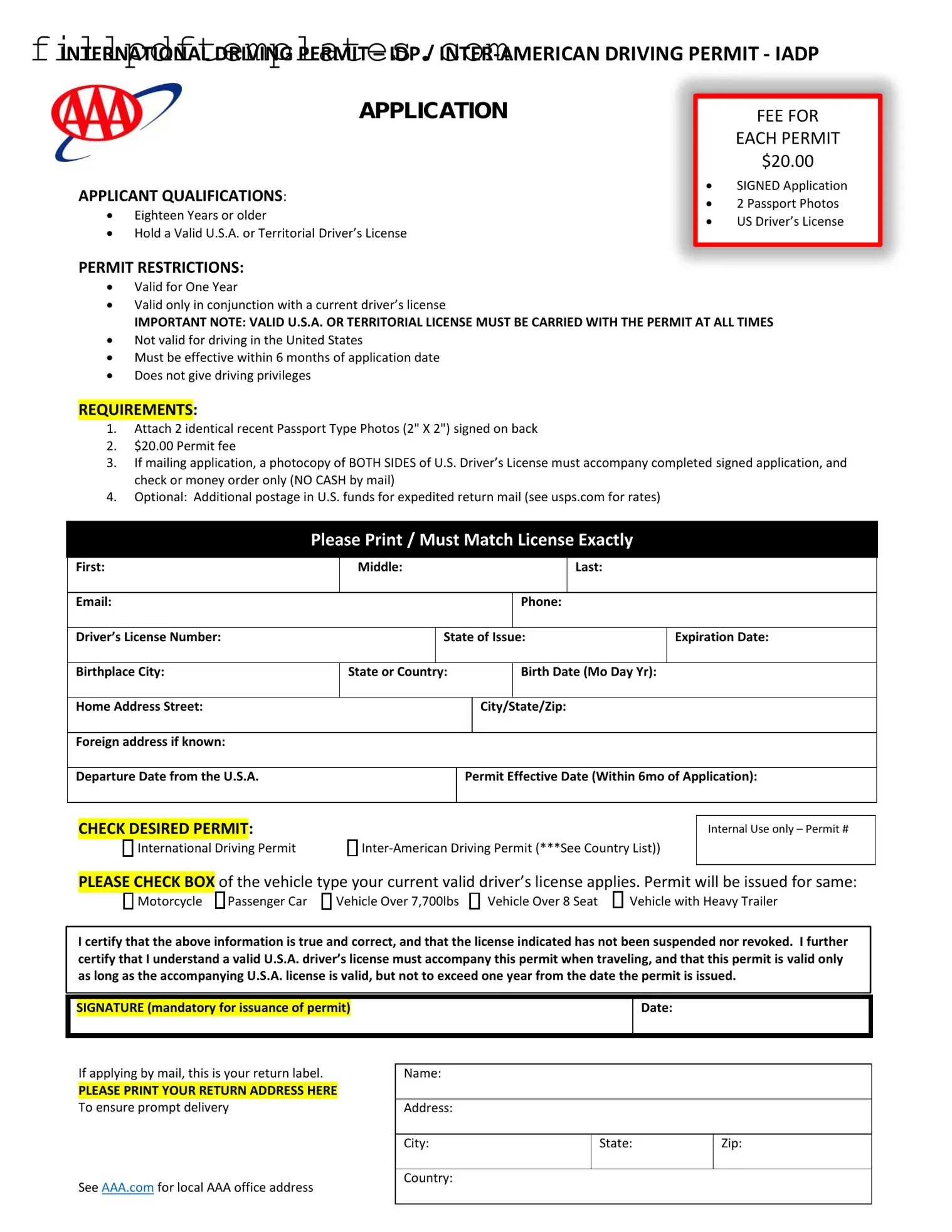 Fill a Valid Aaa International Driving Permit Application Template