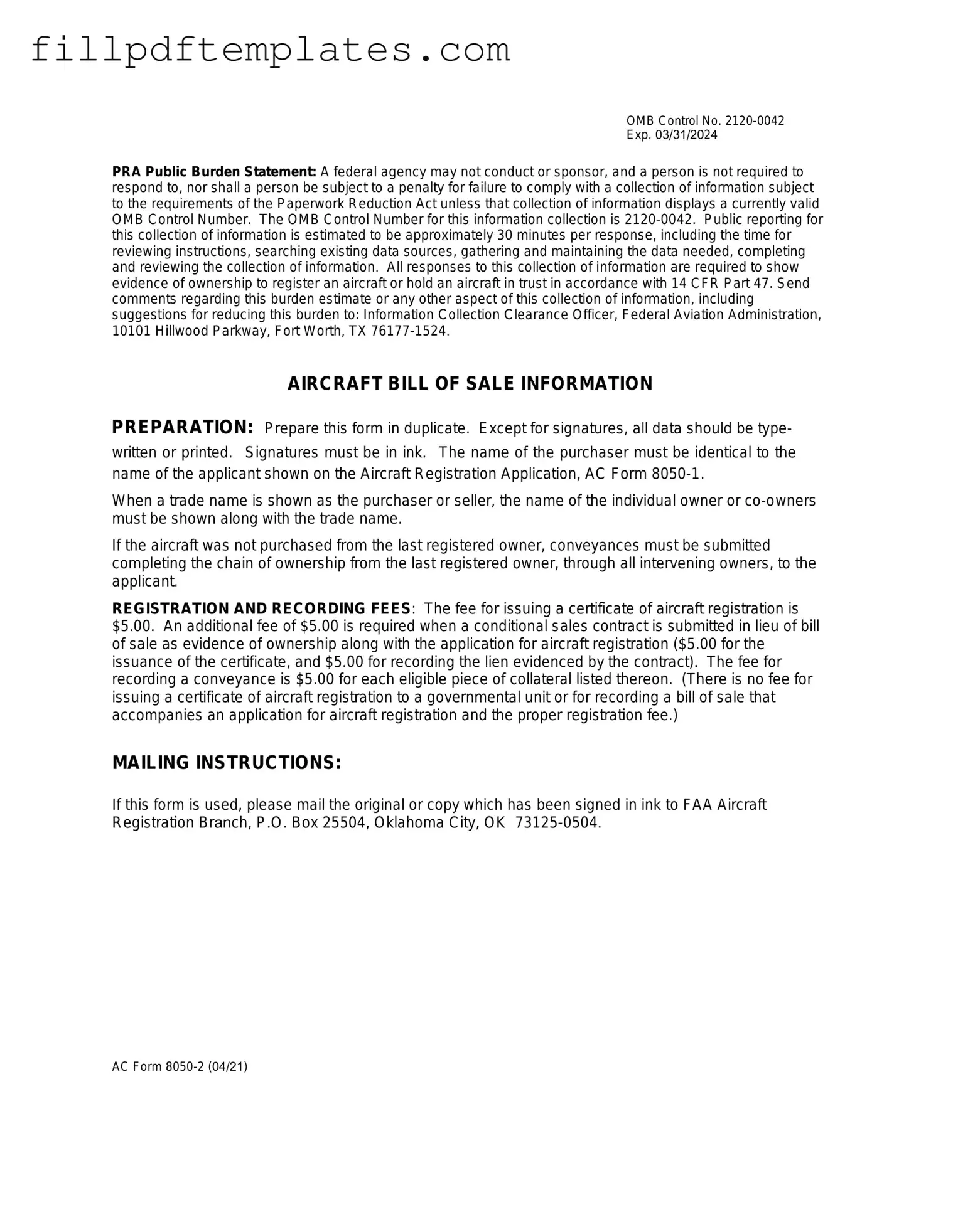Fill a Valid Aircraft Bill of Sale AC 8050-2 Template