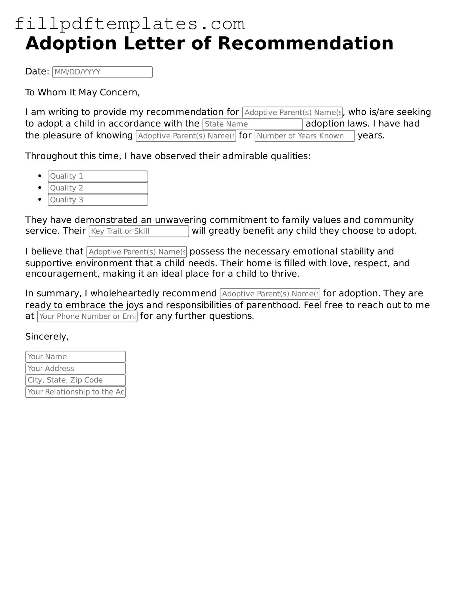 Valid Adoption Letter of Recommendation Form