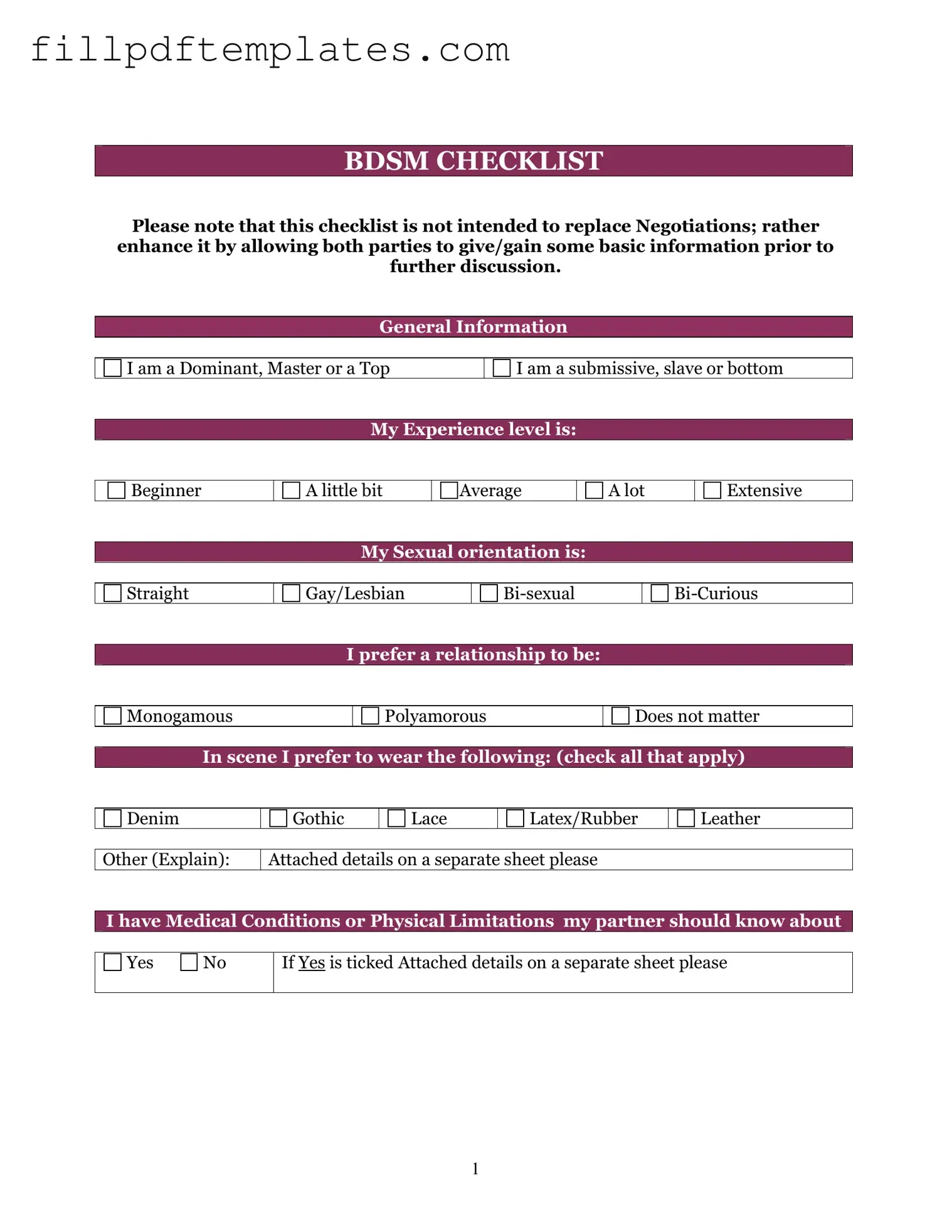 Fill a Valid Bdsm Checklist Template