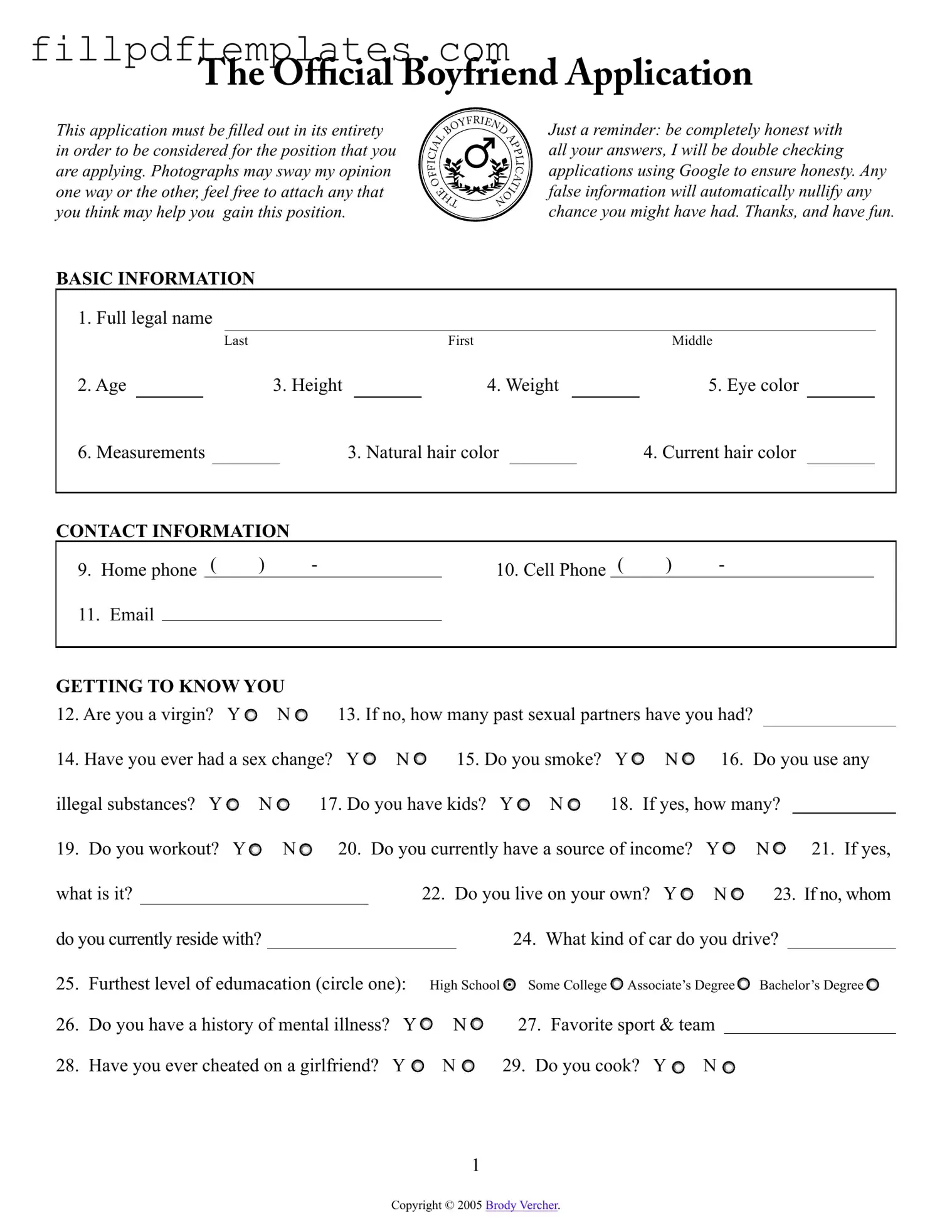 Fill a Valid Boyfriend application form Template