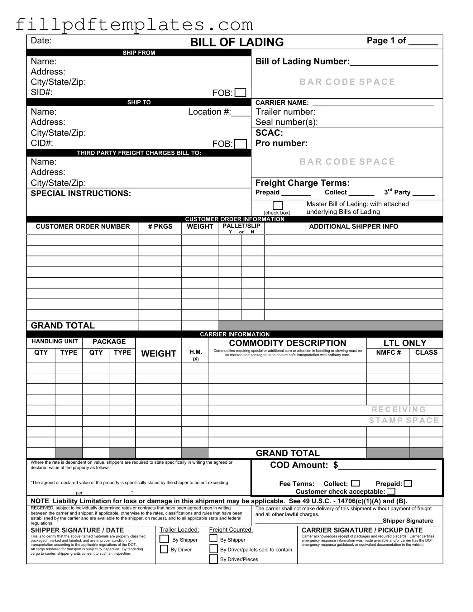 Fill a Valid Bill of Lading with a Supplement Template