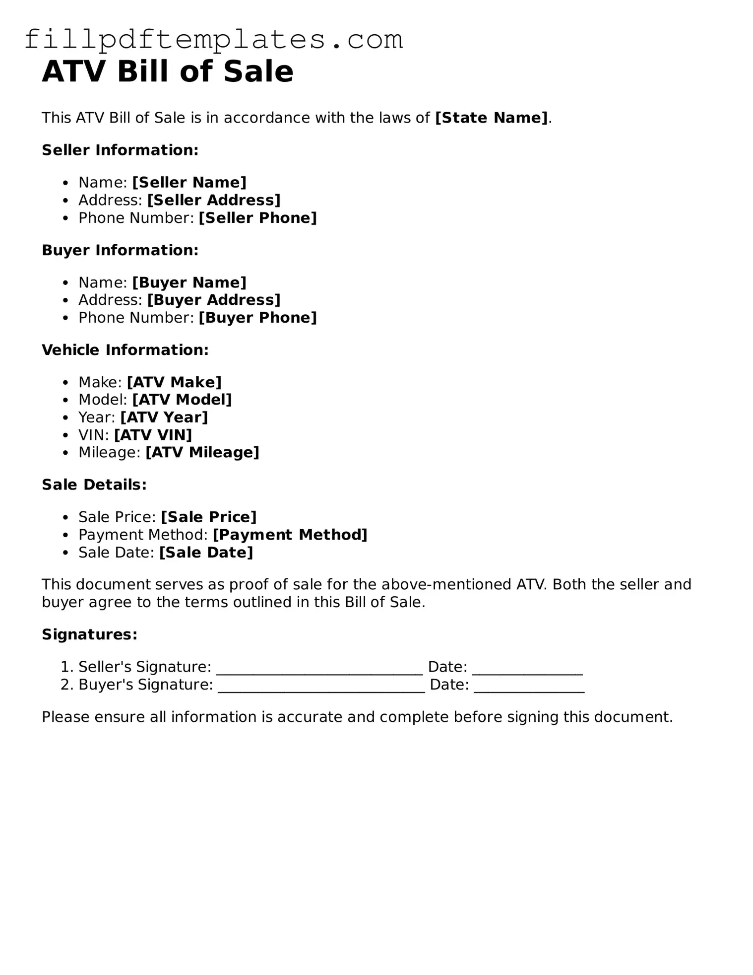 Valid ATV Bill of Sale Form