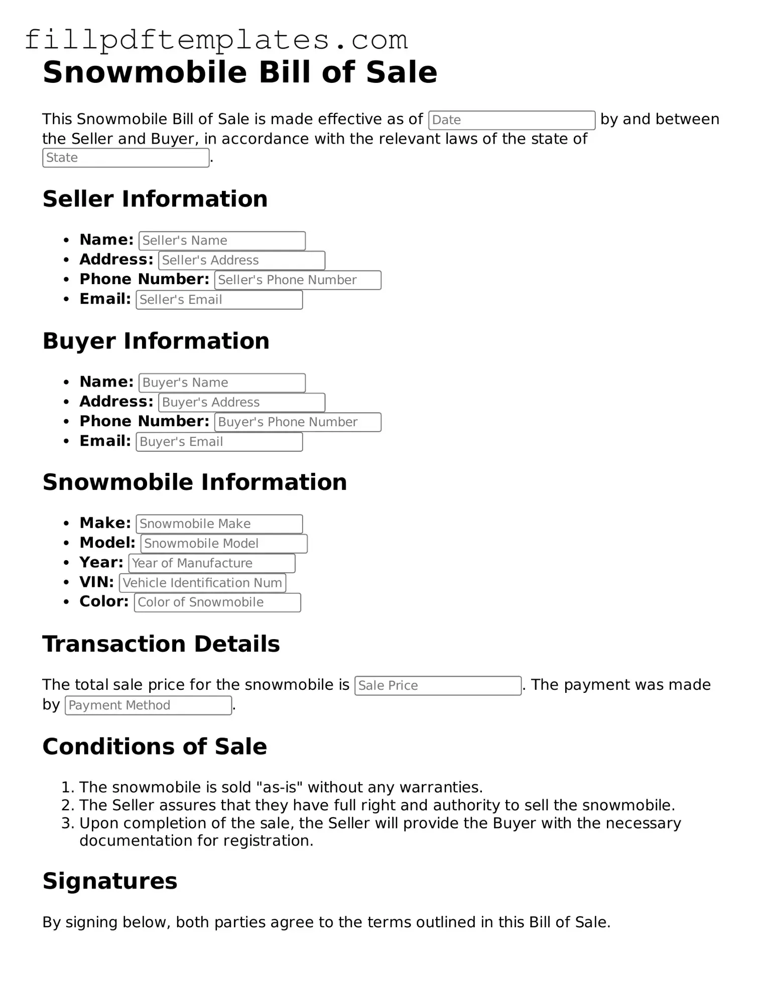 Valid Snowmobile Bill of Sale Form