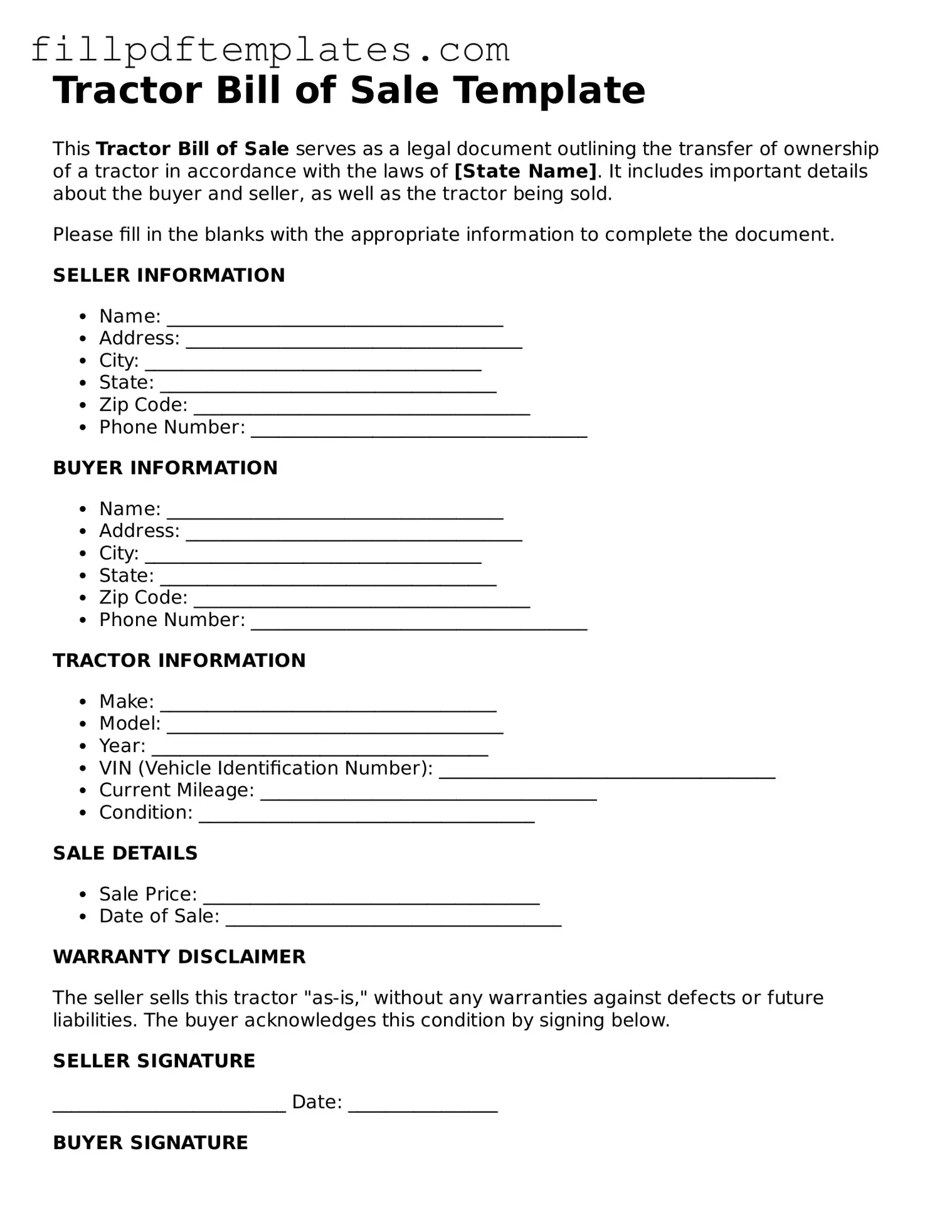 Valid Tractor Bill of Sale Form