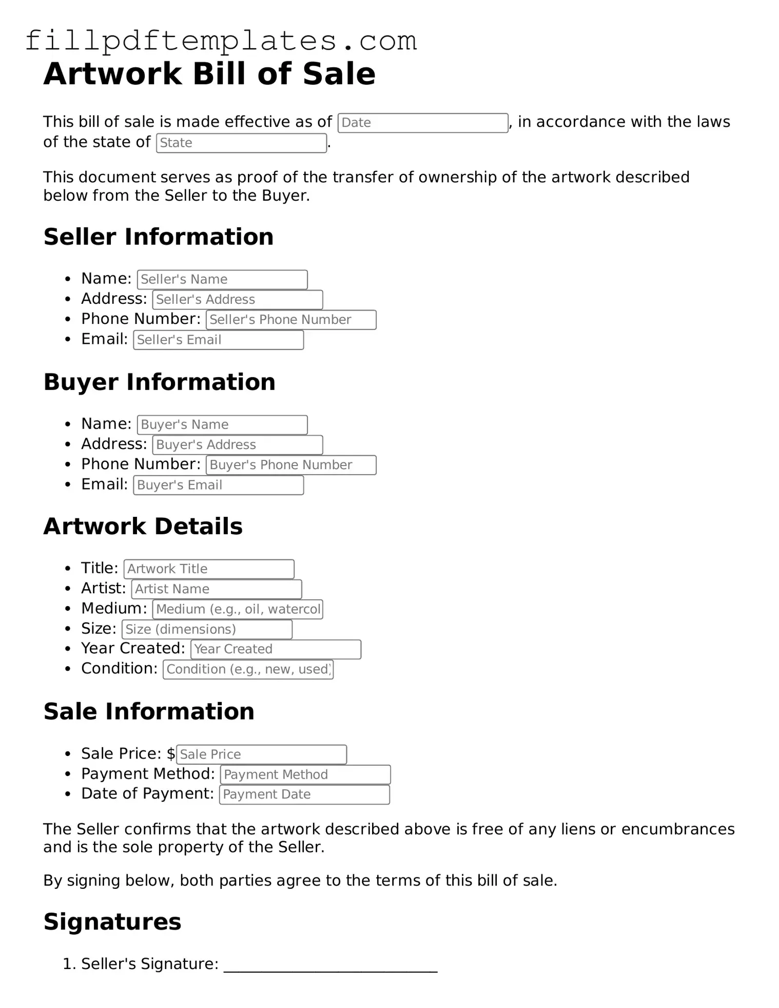 Valid Artwork Bill of Sale Form