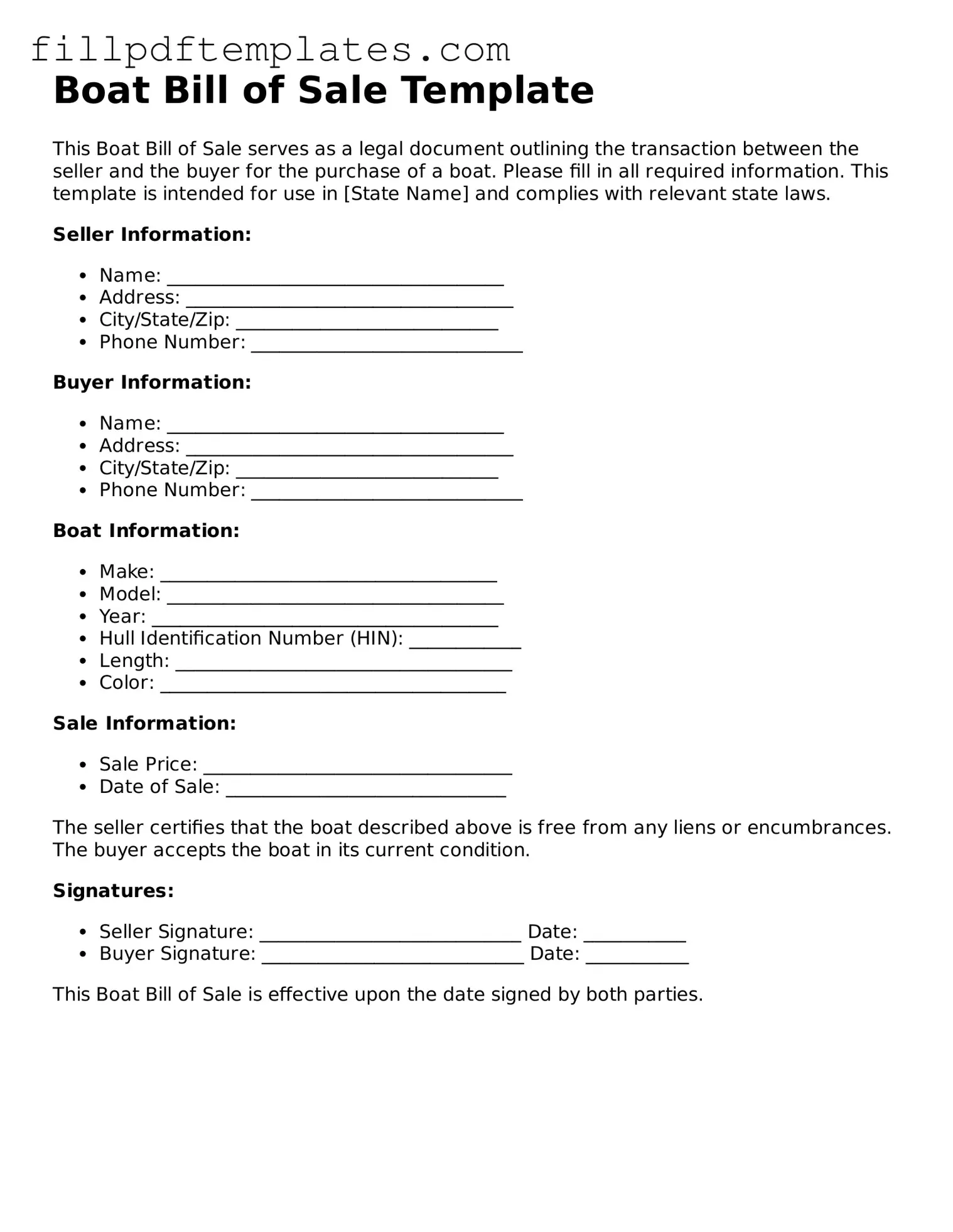 Valid Boat Bill of Sale Form