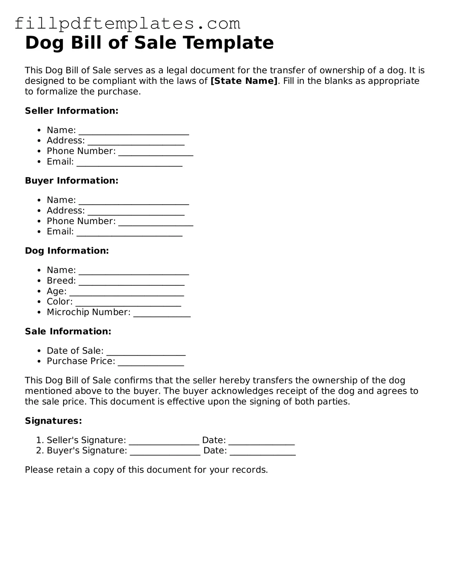 Valid Dog Bill of Sale Form