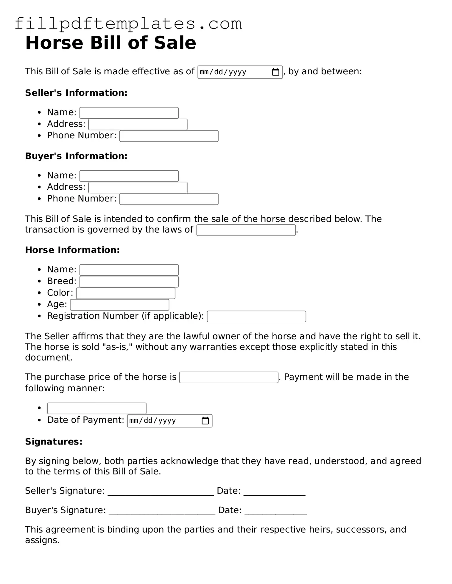 Valid Horse Bill of Sale Form