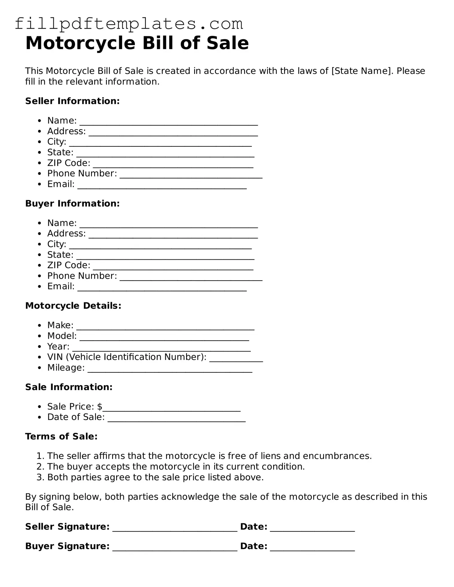 Valid Motorcycle Bill of Sale Form