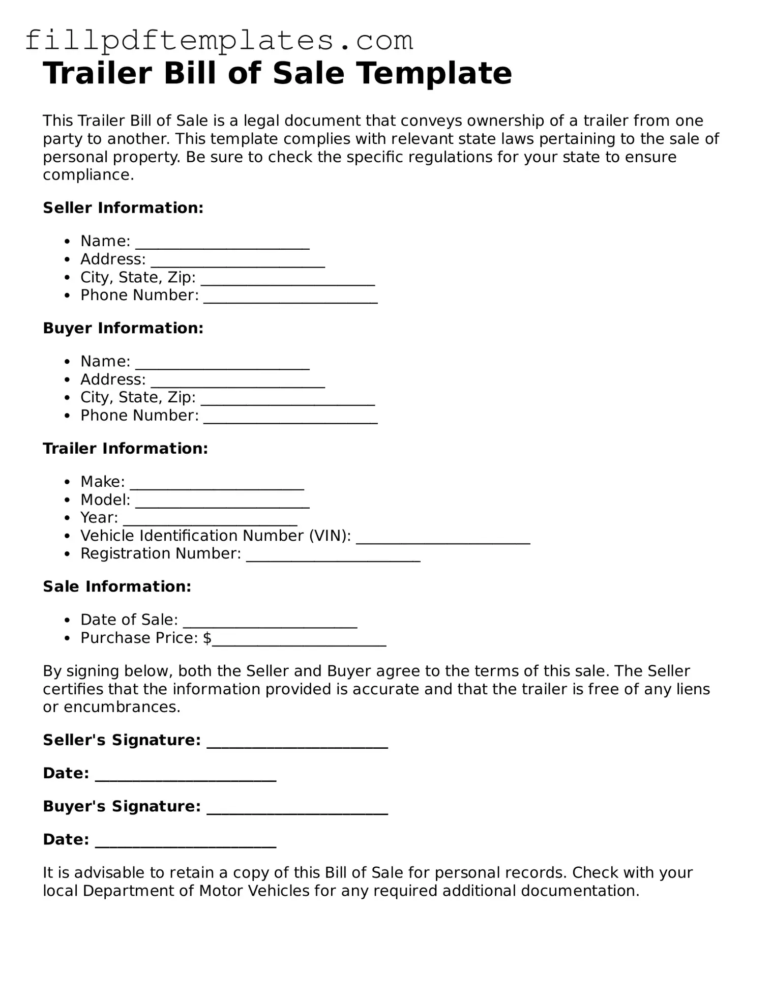 Valid Trailer Bill of Sale Form