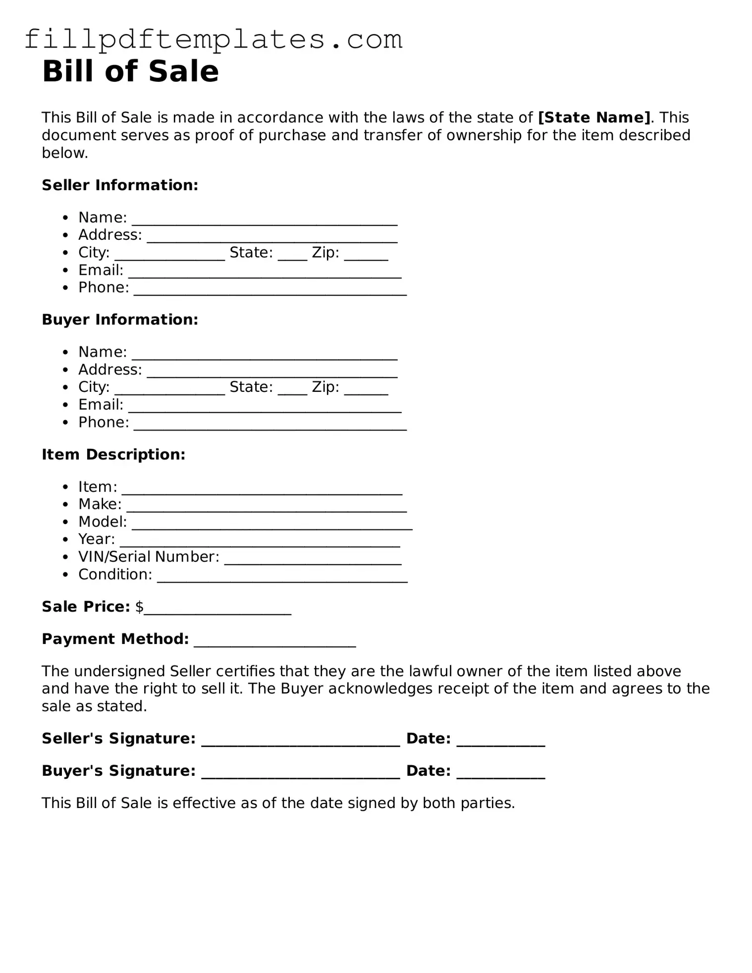 Valid Bill of Sale Form