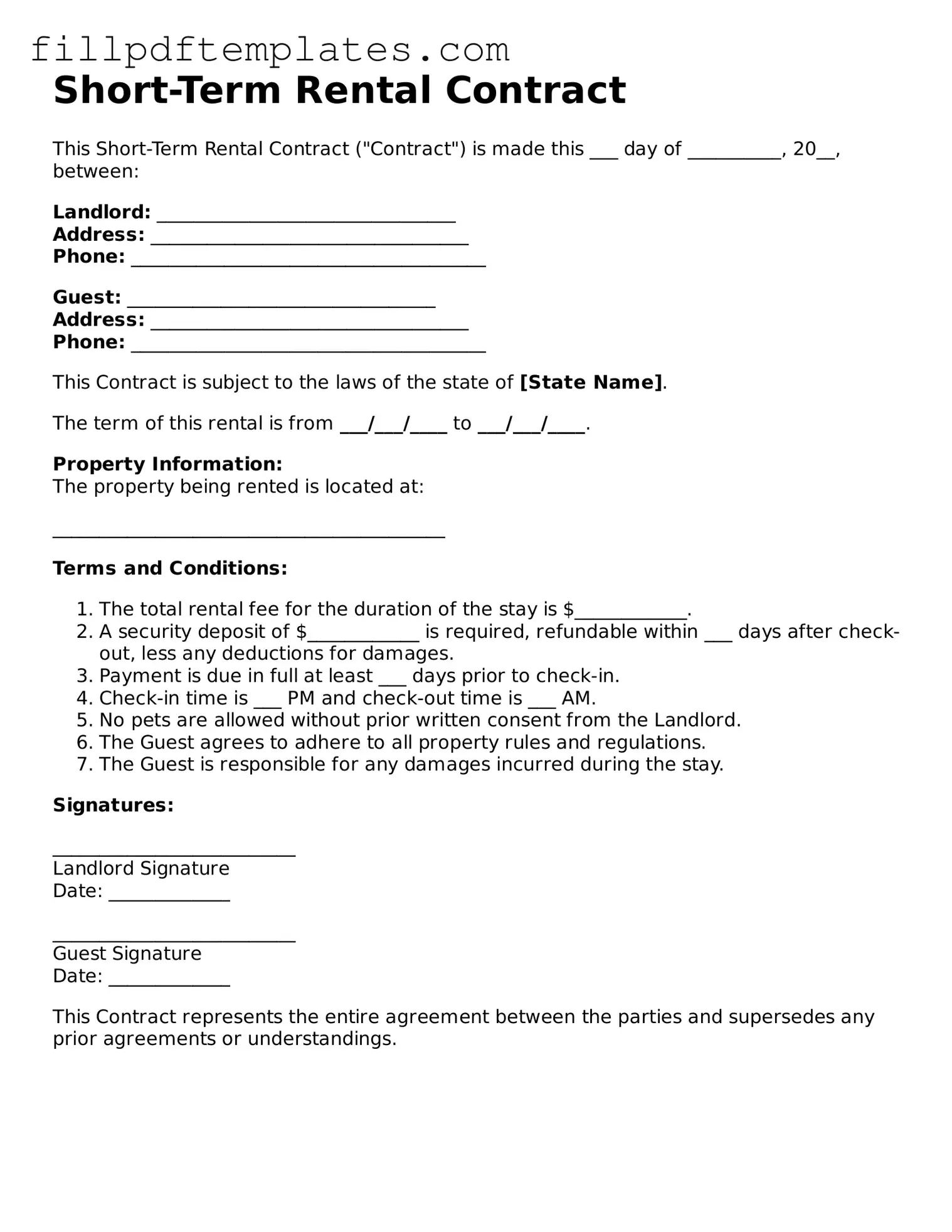 Valid Short-Term Rental Contract Form