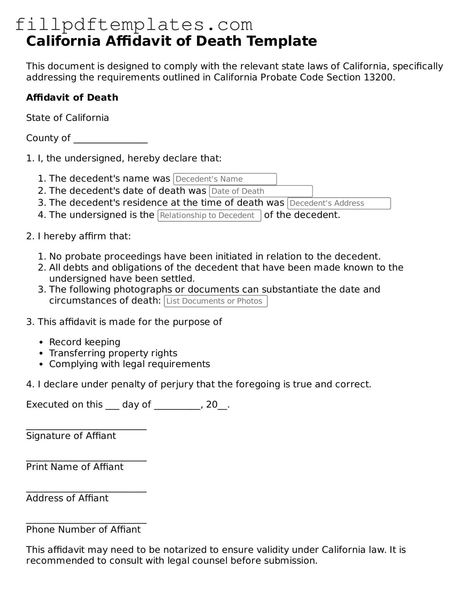 Blank California Affidavit of Death Form