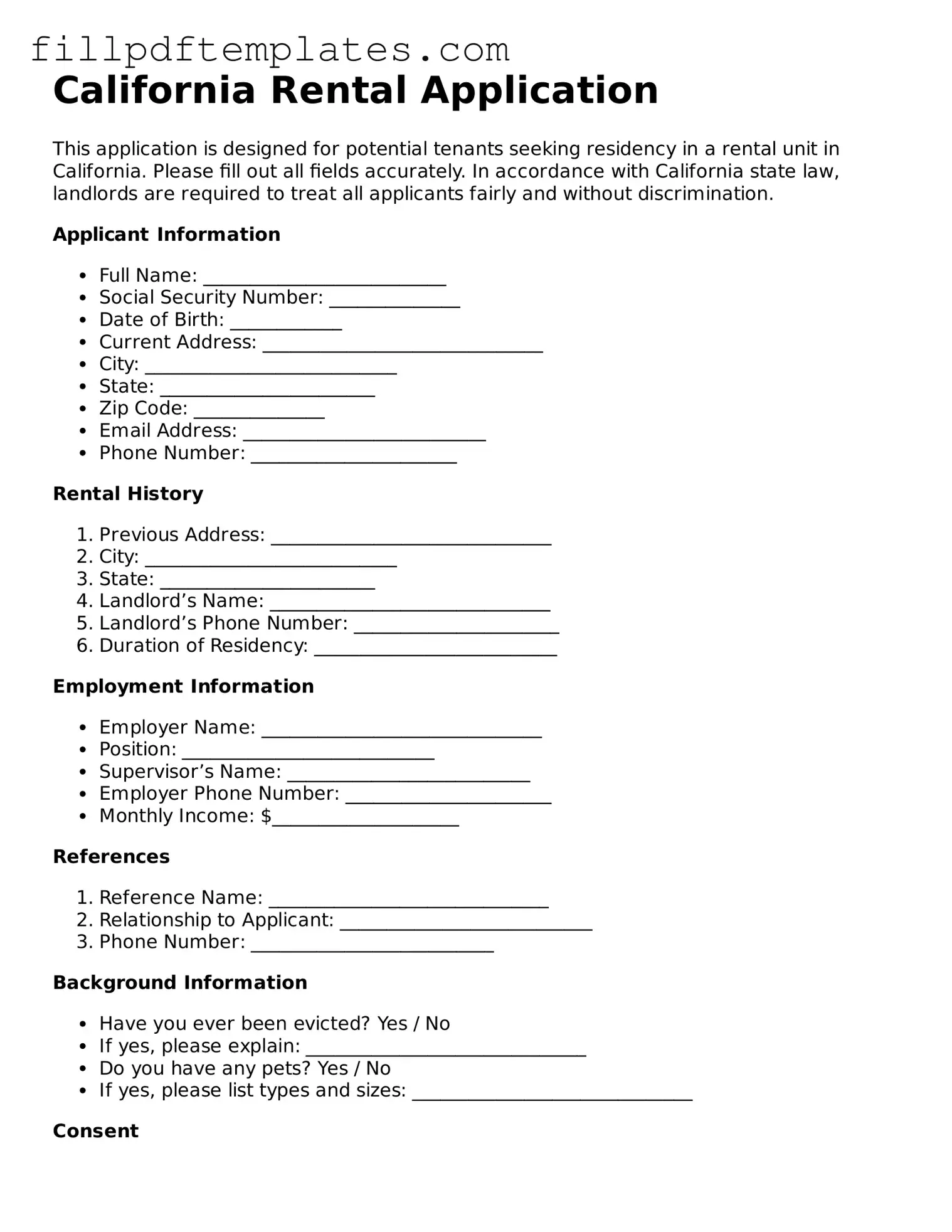 Blank California Rental Application Form