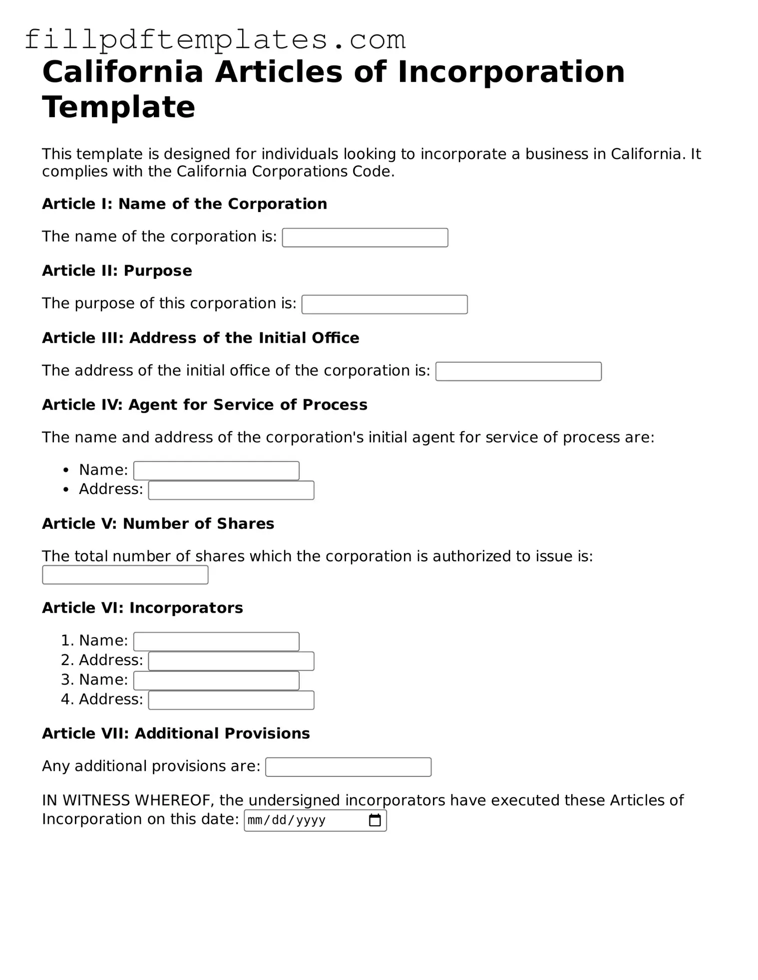 Blank California Articles of Incorporation Form