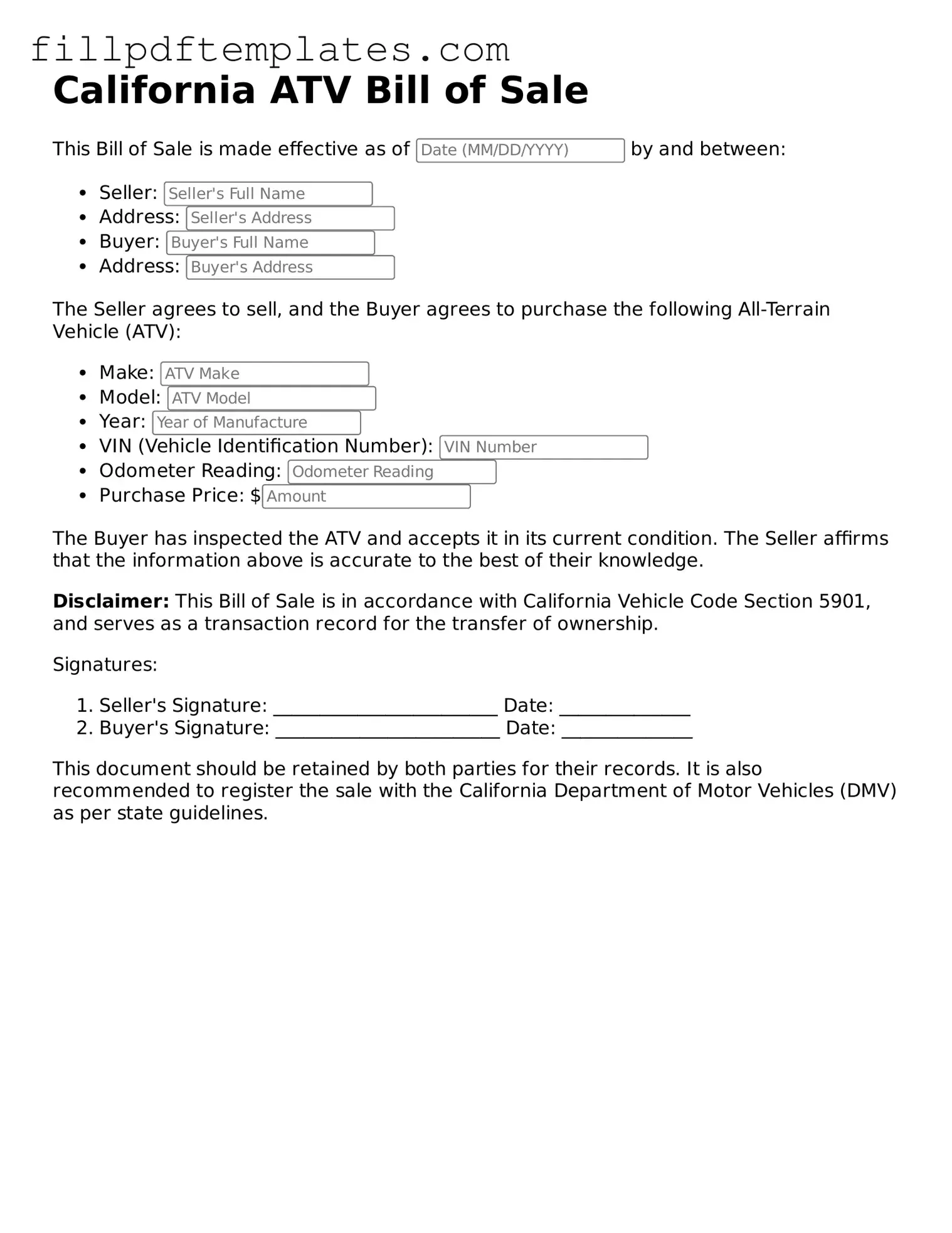 Blank California ATV Bill of Sale Form