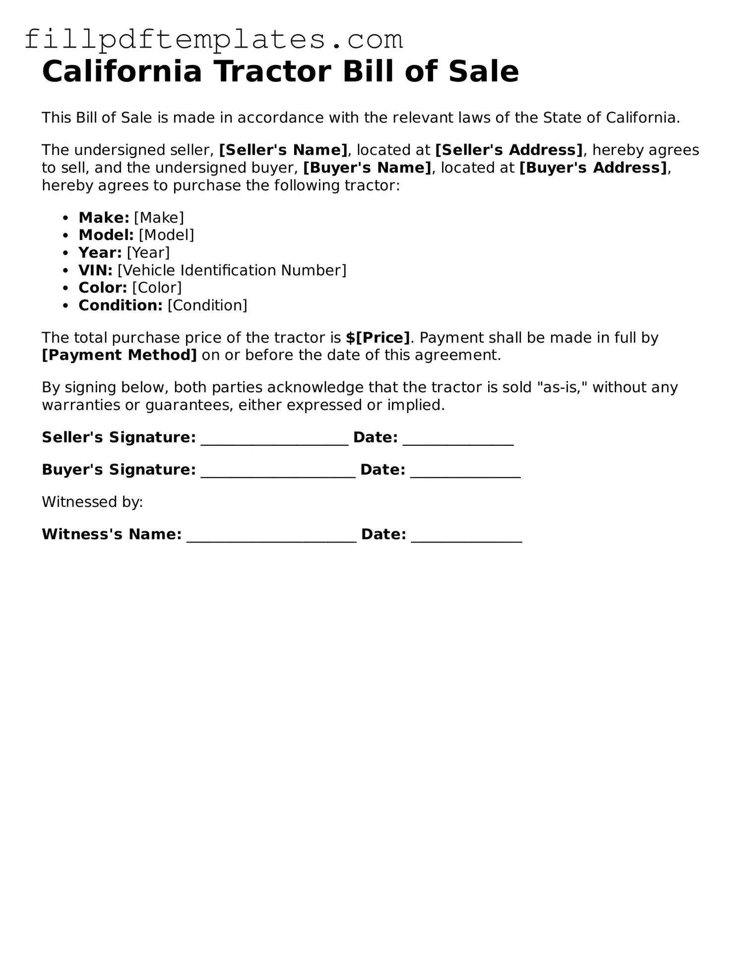 Blank California Tractor Bill of Sale Form
