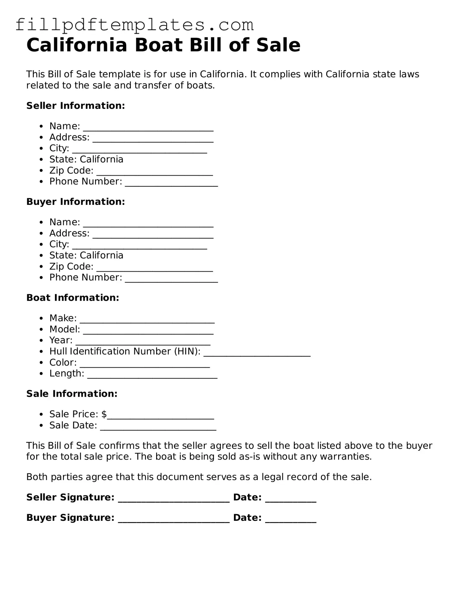 Blank California Boat Bill of Sale Form