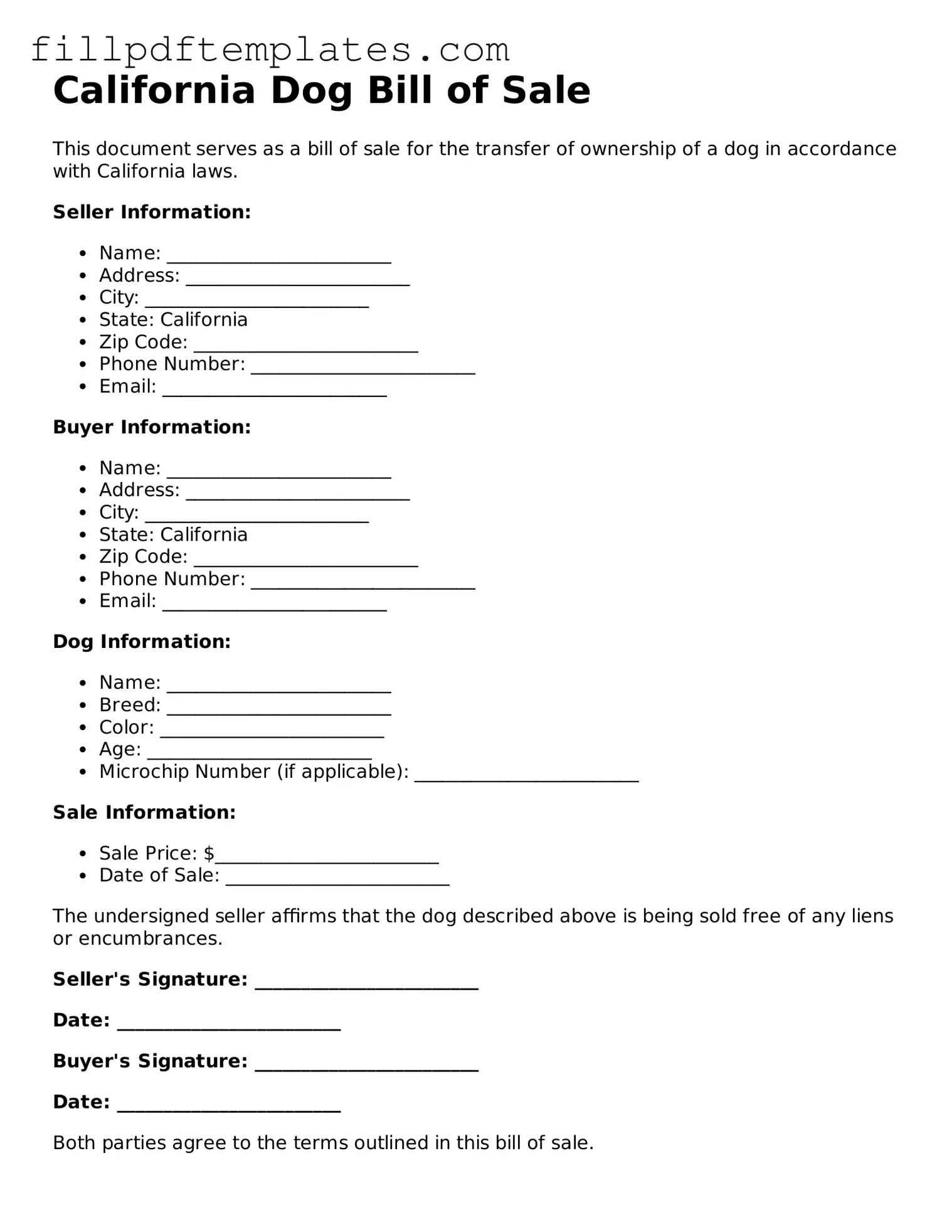 Blank California Dog Bill of Sale Form
