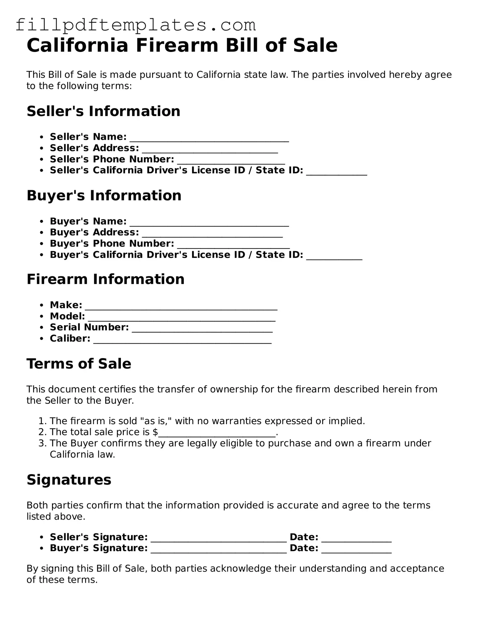 Blank California Firearm Bill of Sale Form