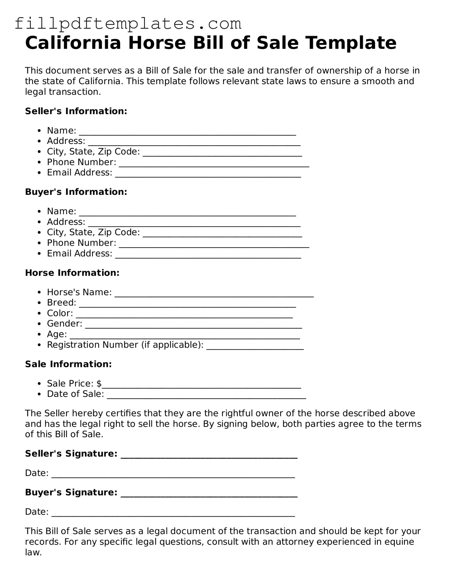 Blank California Horse Bill of Sale Form