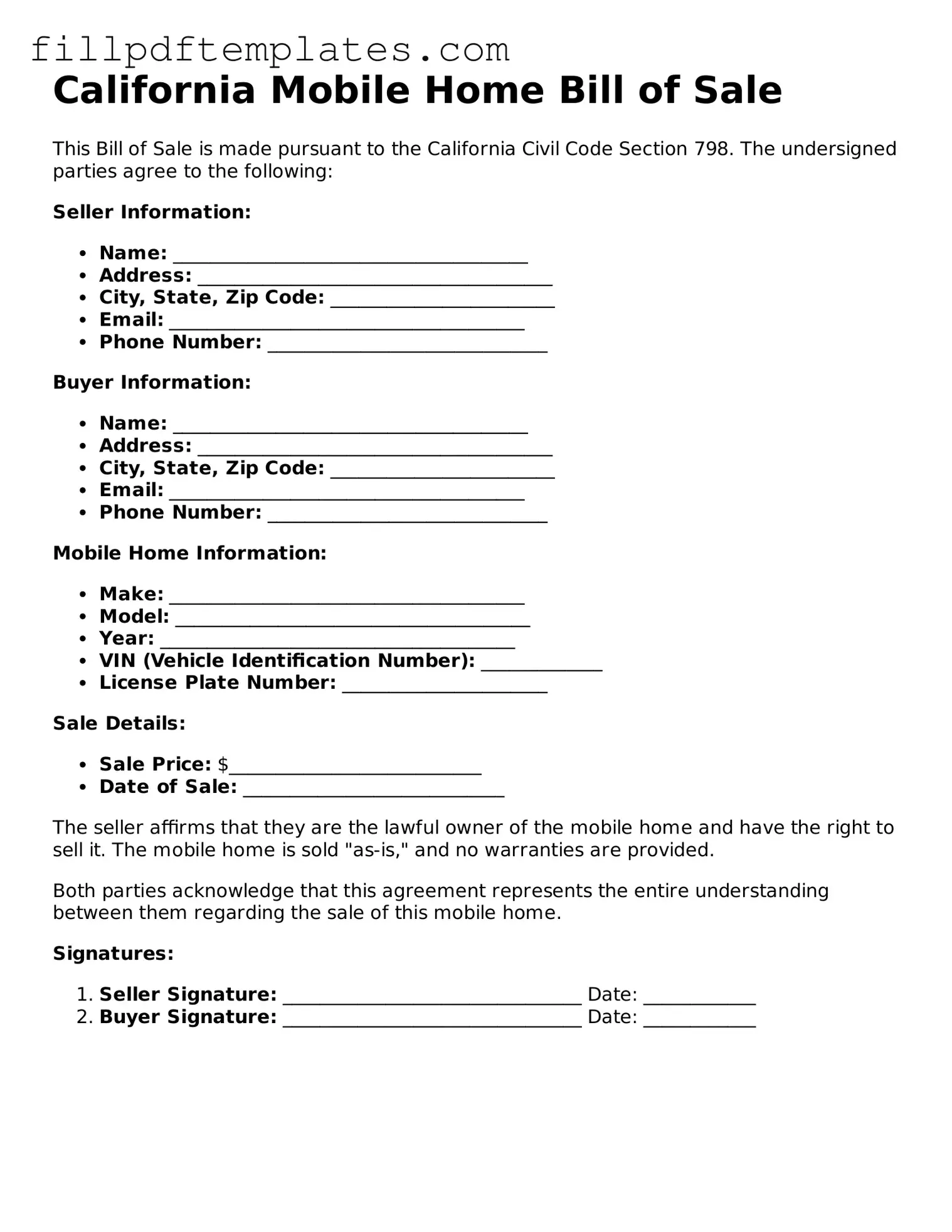 Blank California Mobile Home Bill of Sale Form