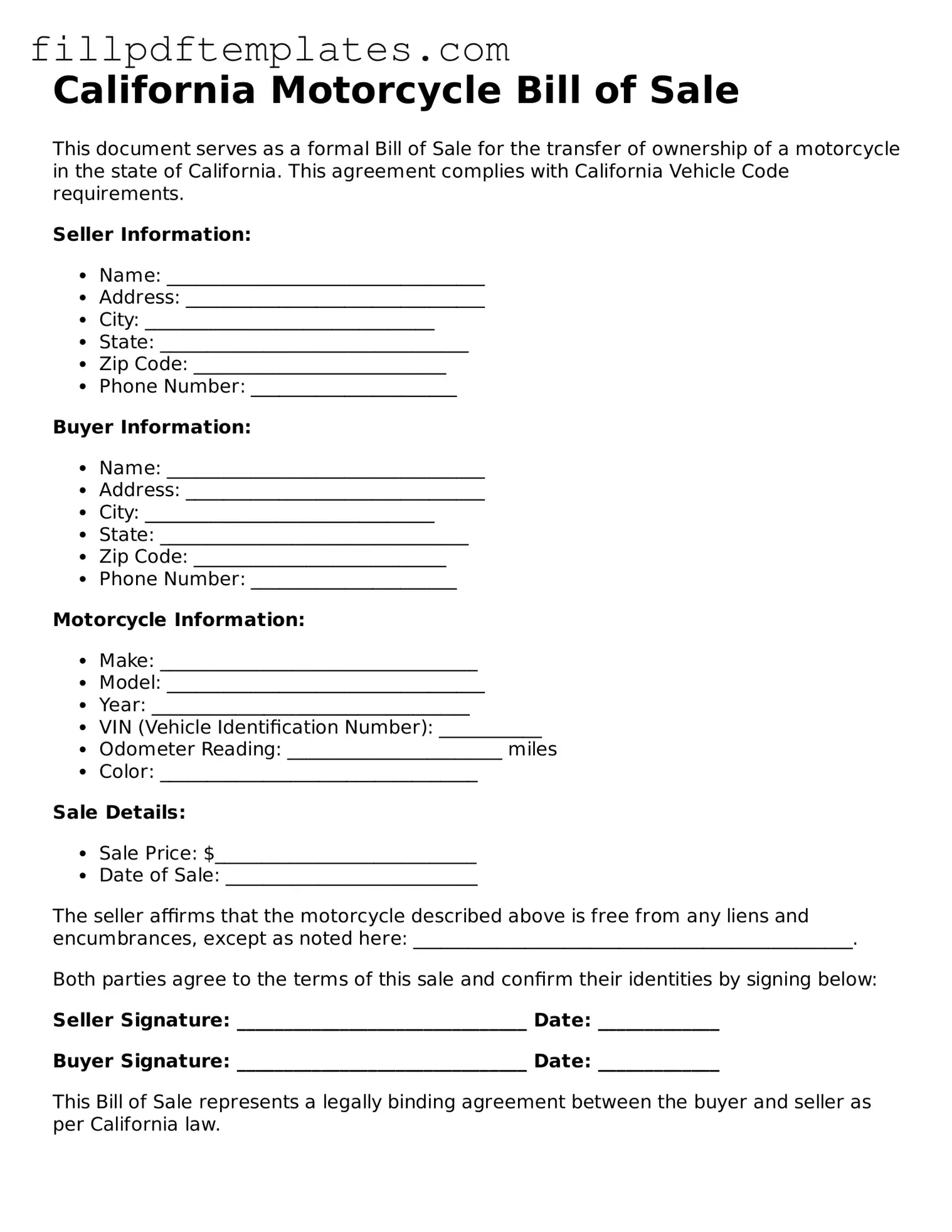 Blank California Motorcycle Bill of Sale Form