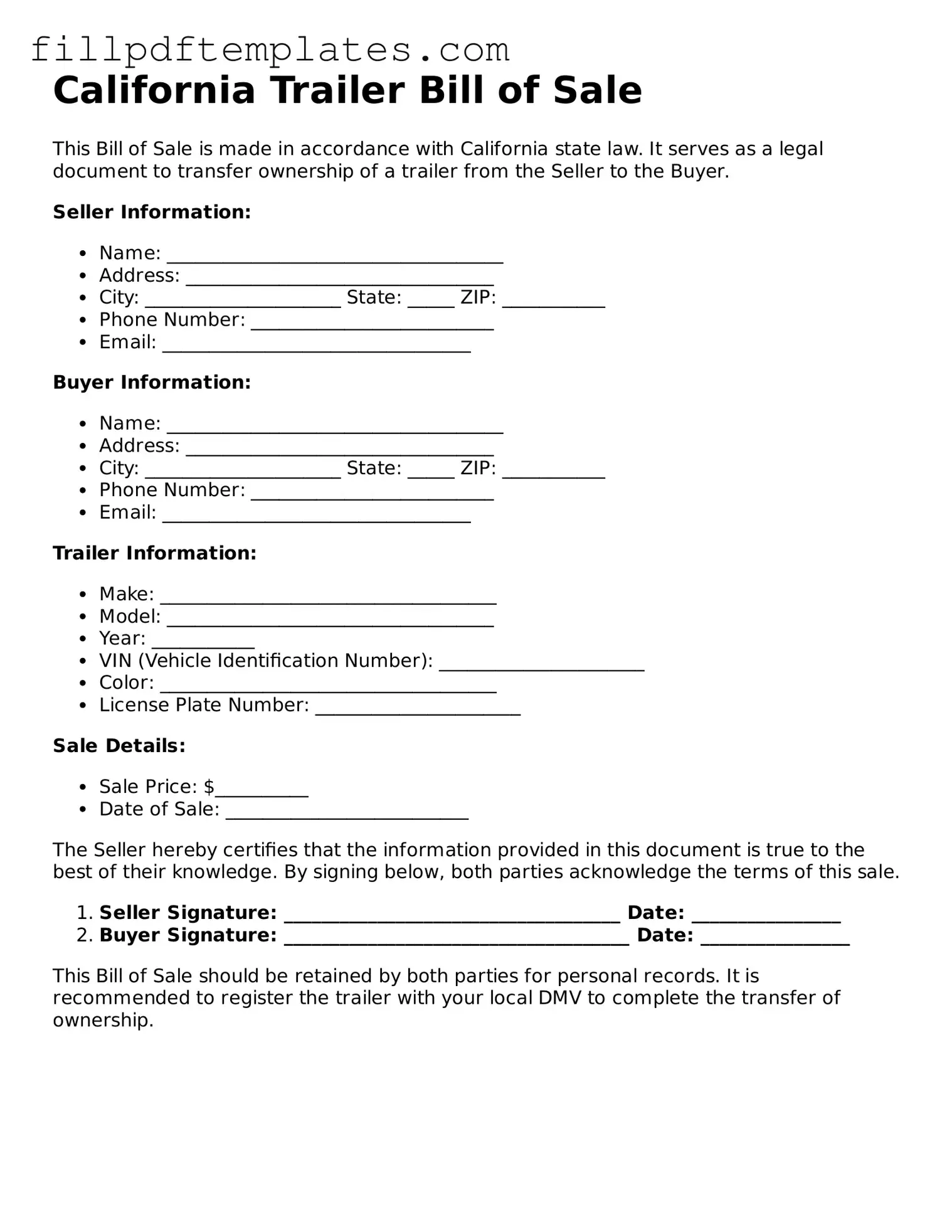 Blank California Trailer Bill of Sale Form