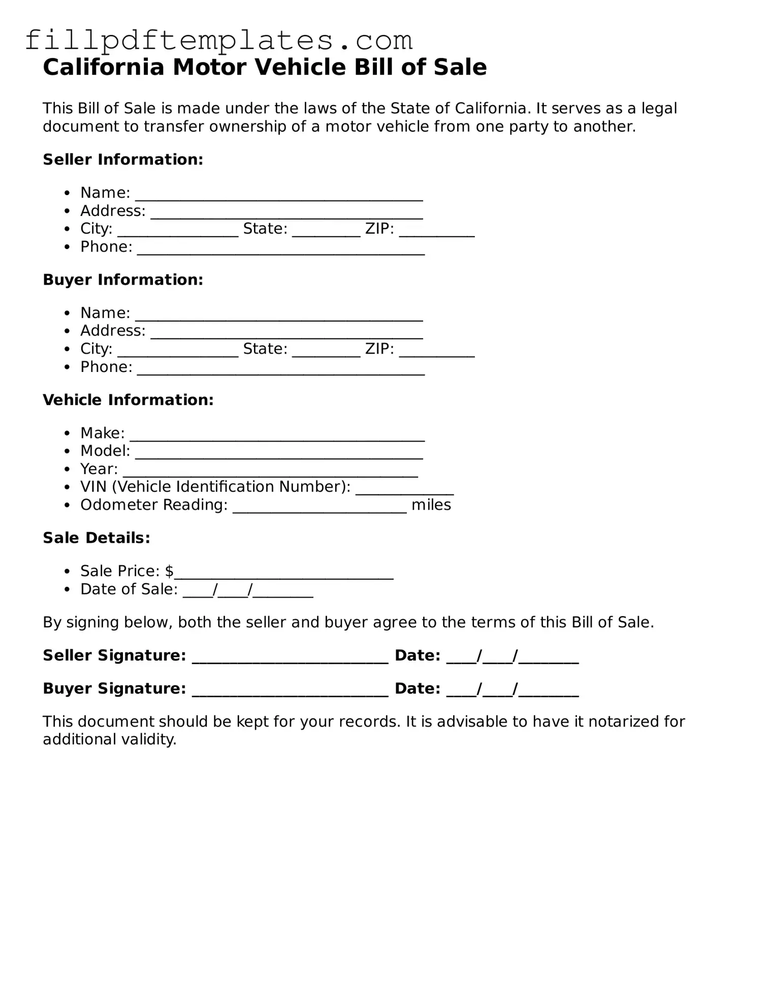 Blank California Motor Vehicle Bill of Sale Form