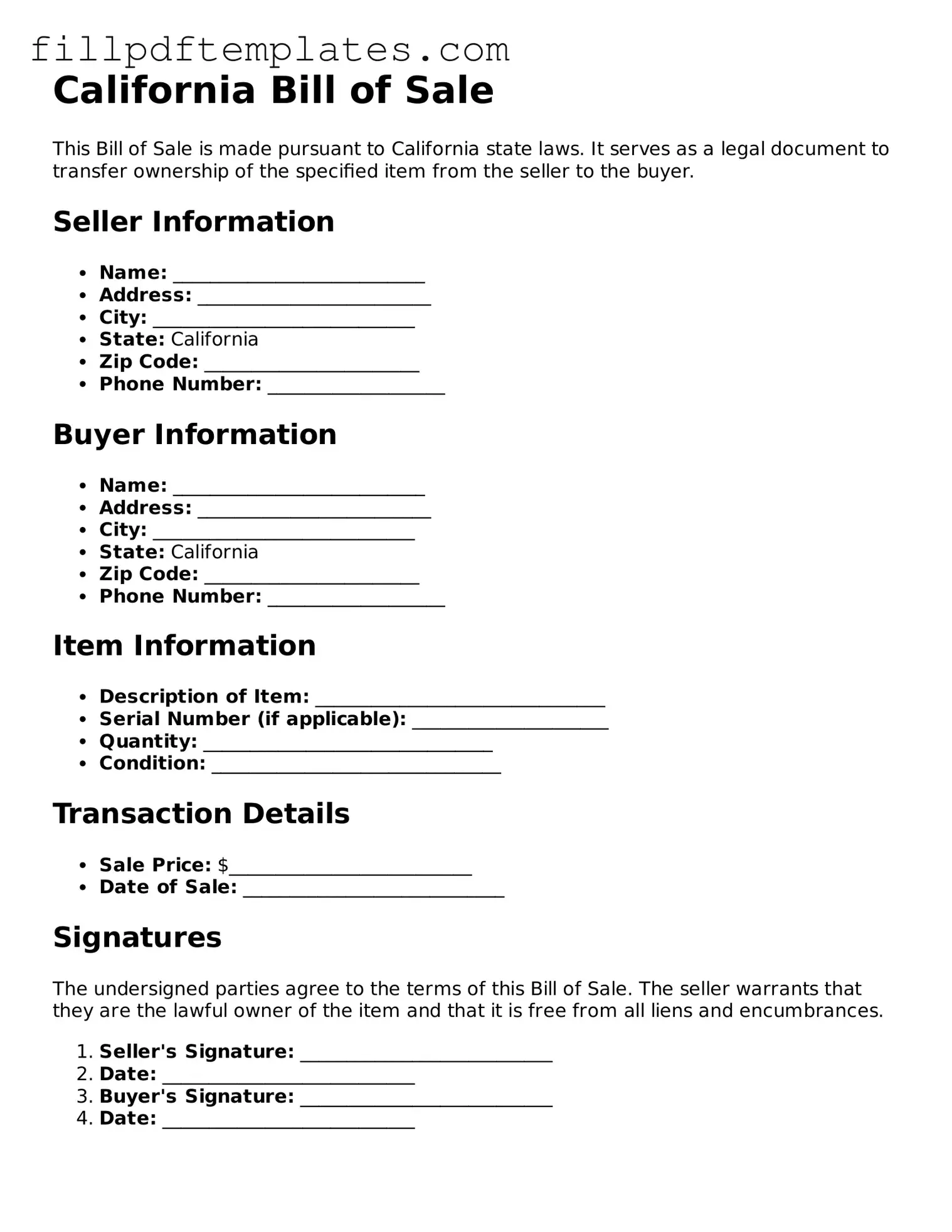 Blank California Bill of Sale Form