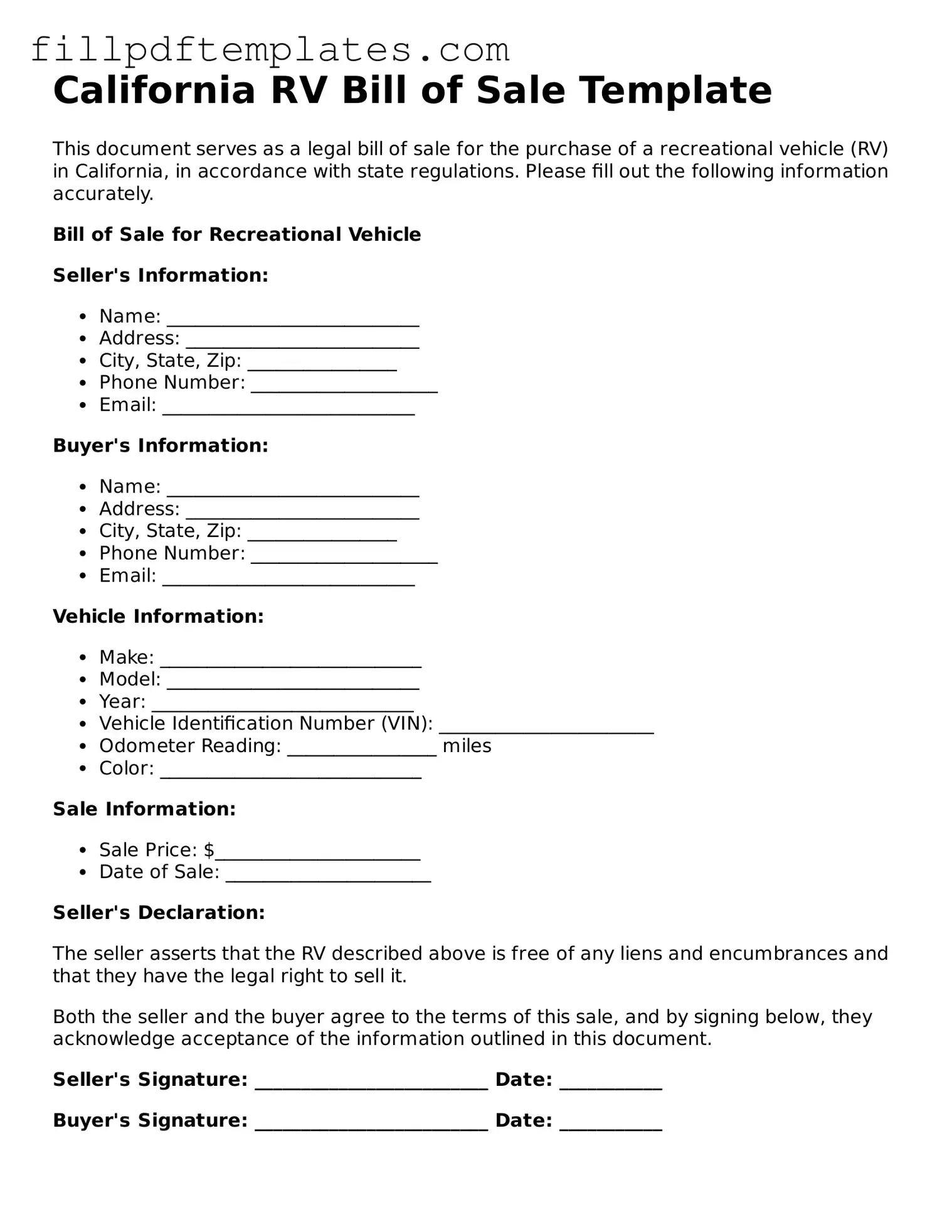 Blank California RV Bill of Sale Form