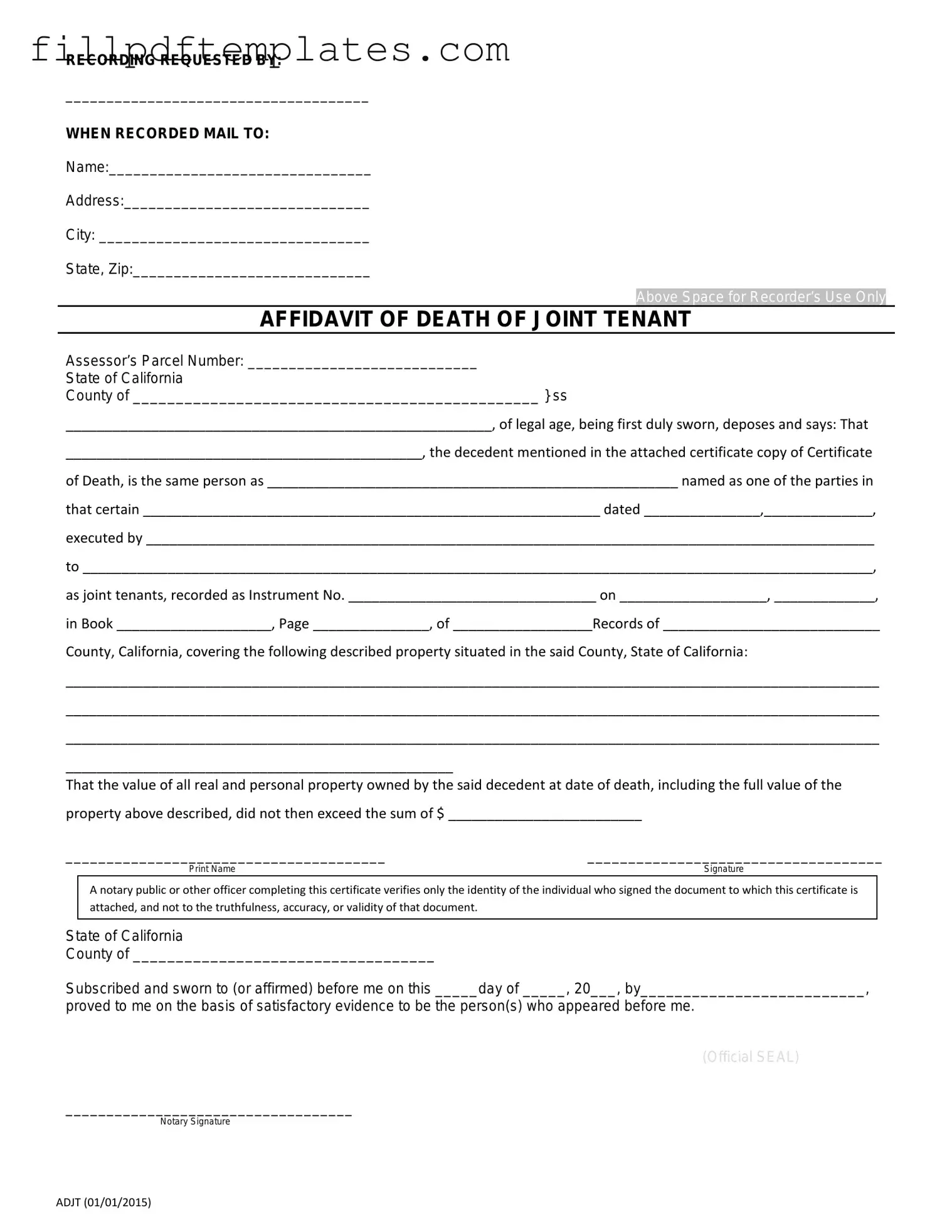 Fill a Valid California Death of a Joint Tenant Affidavit Template