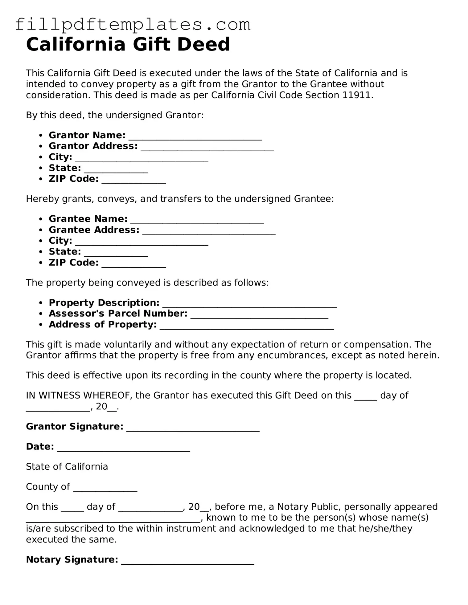 Blank California Gift Deed Form