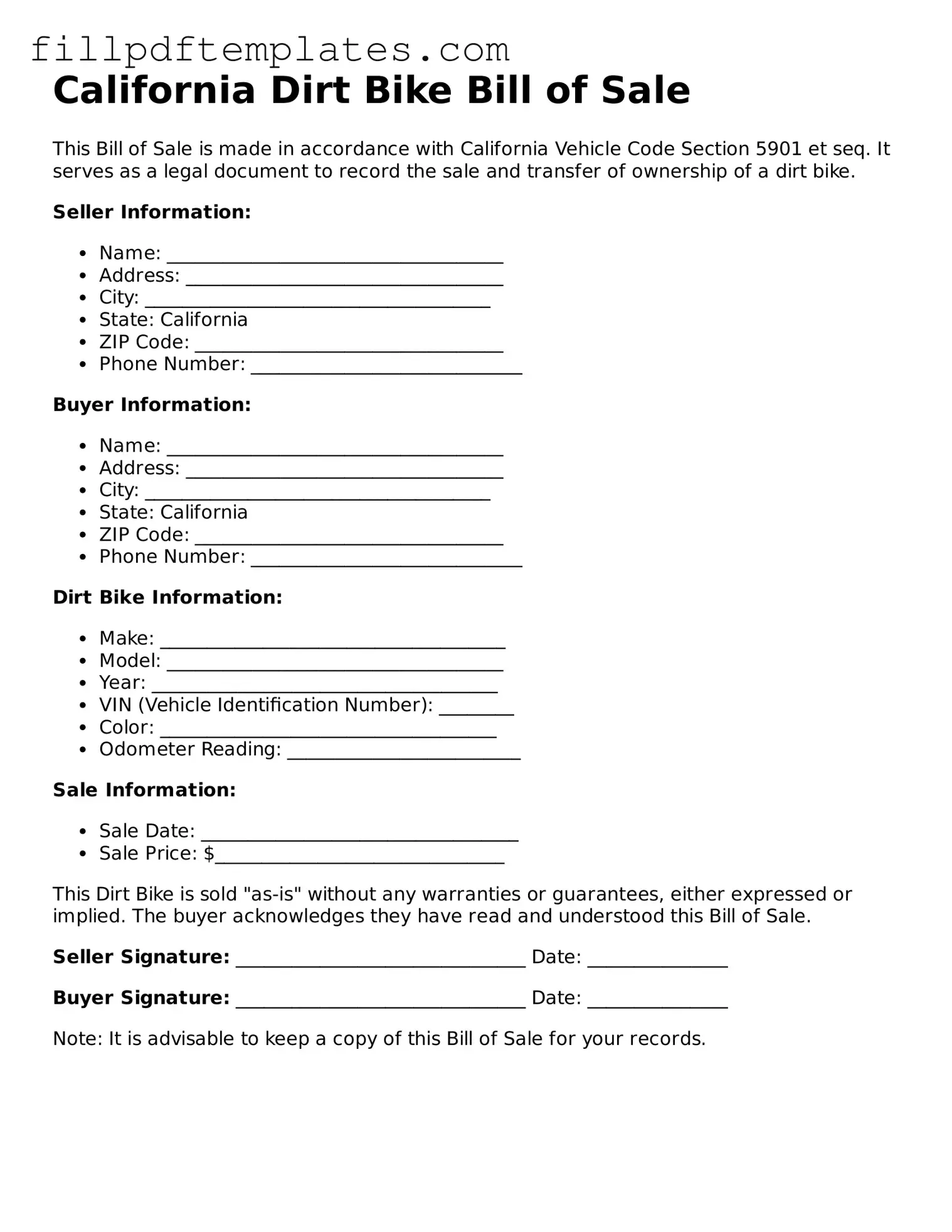 Blank California Dirt Bike Bill of Sale Form