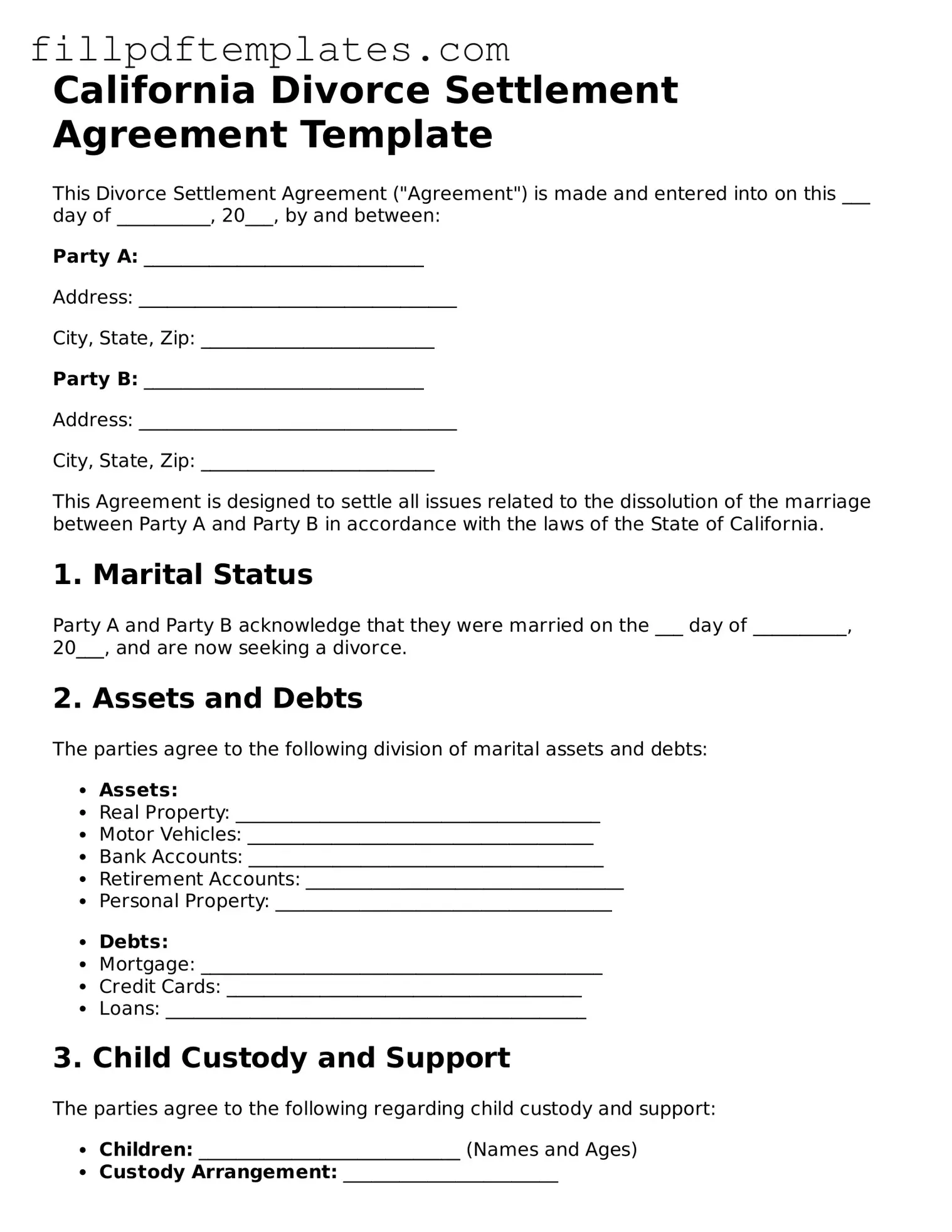 Blank California Divorce Settlement Agreement Form
