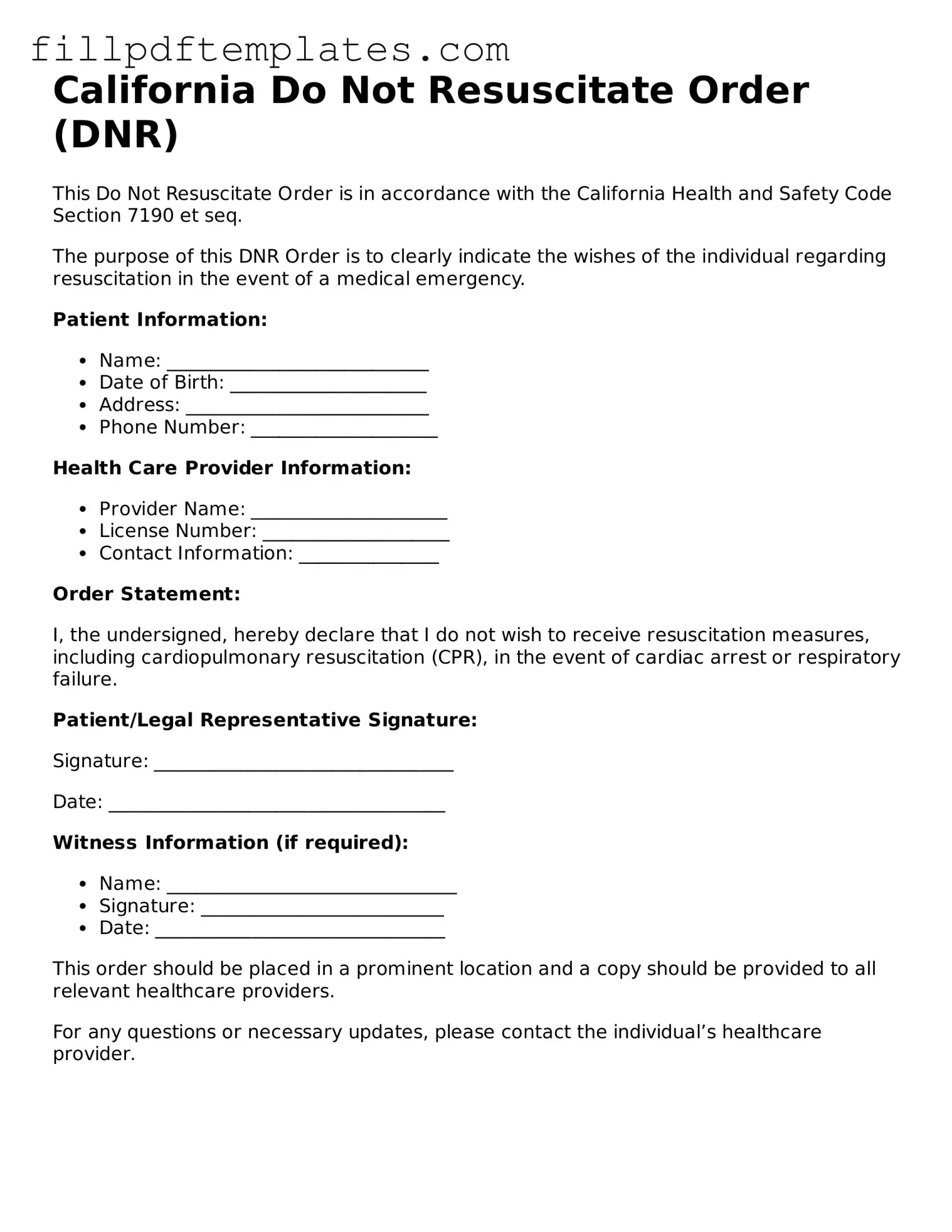 Blank California Do Not Resuscitate Order Form