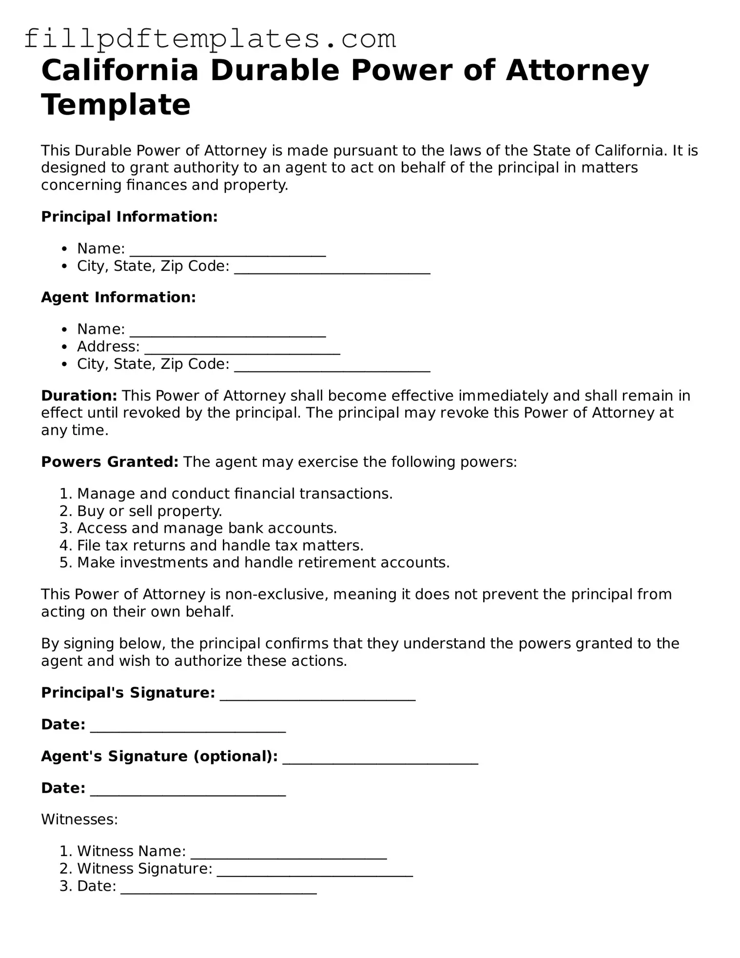 Blank California Durable Power of Attorney Form