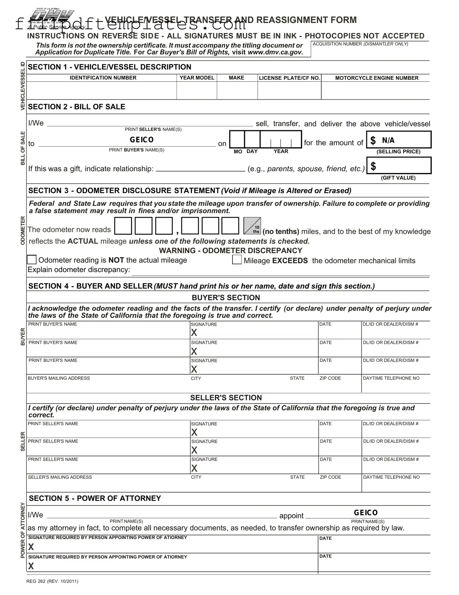 Fill a Valid California Fotm Reg 262 Template