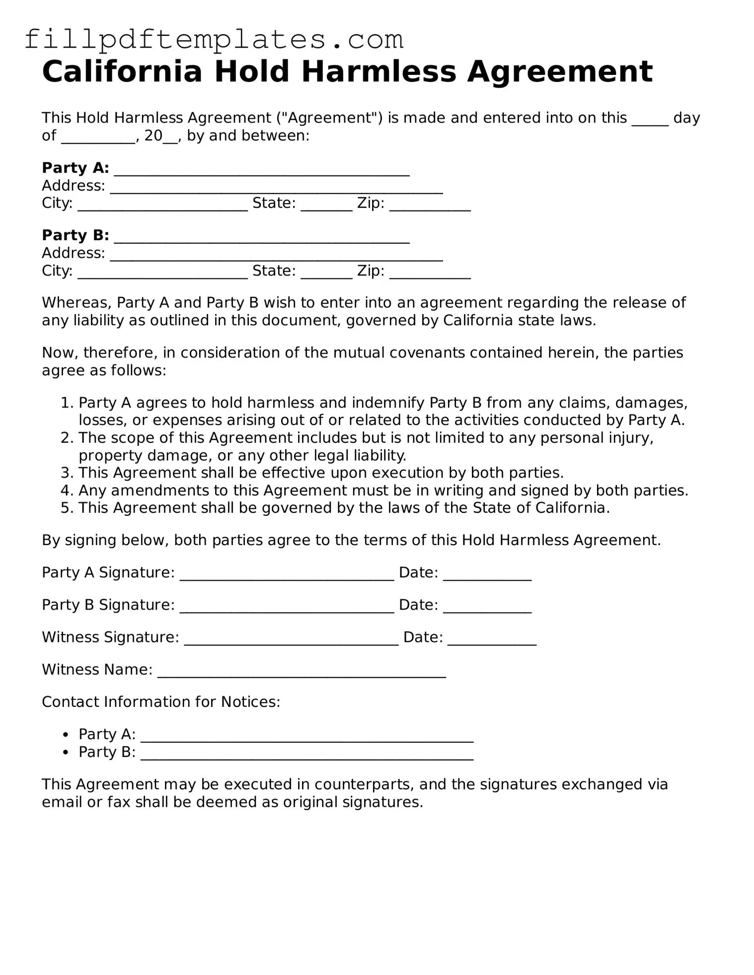 Blank California Hold Harmless Agreement Form