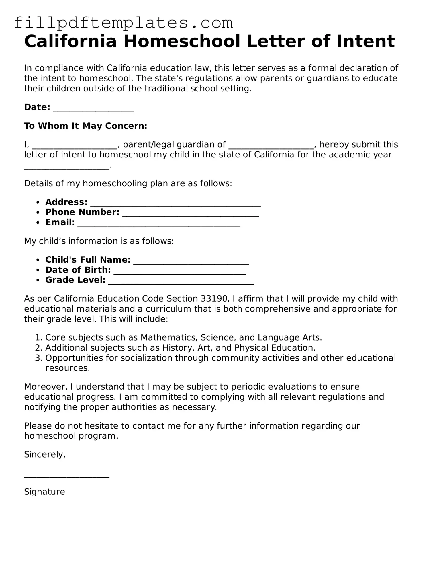 Blank California Homeschool Letter of Intent Form