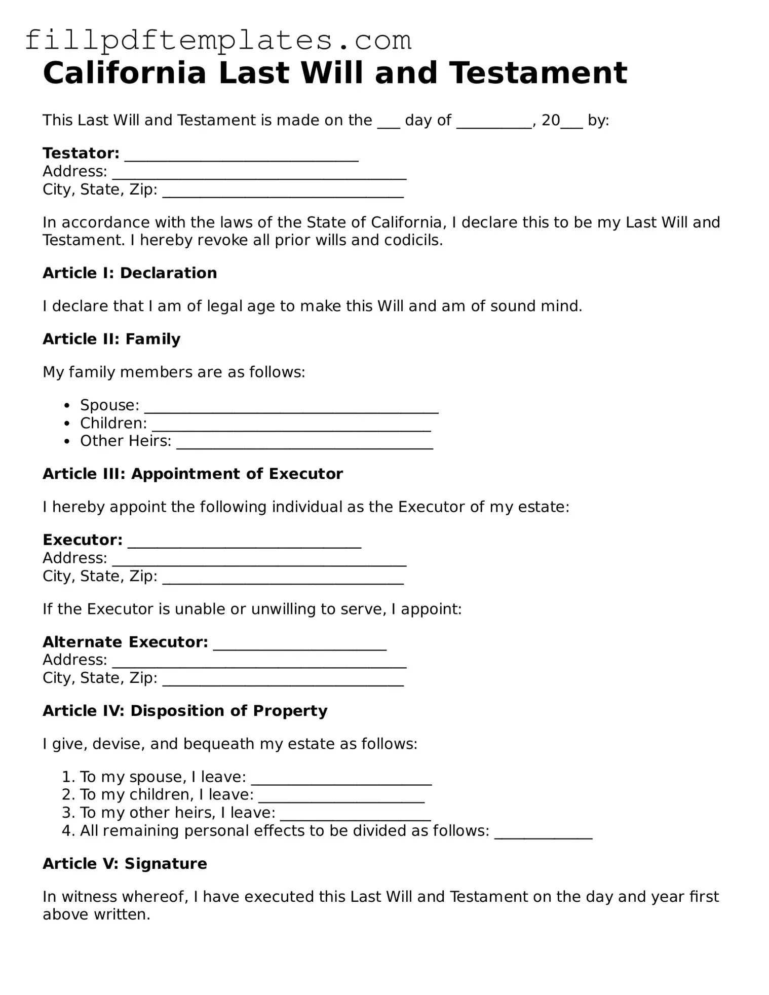 Blank California Last Will and Testament Form