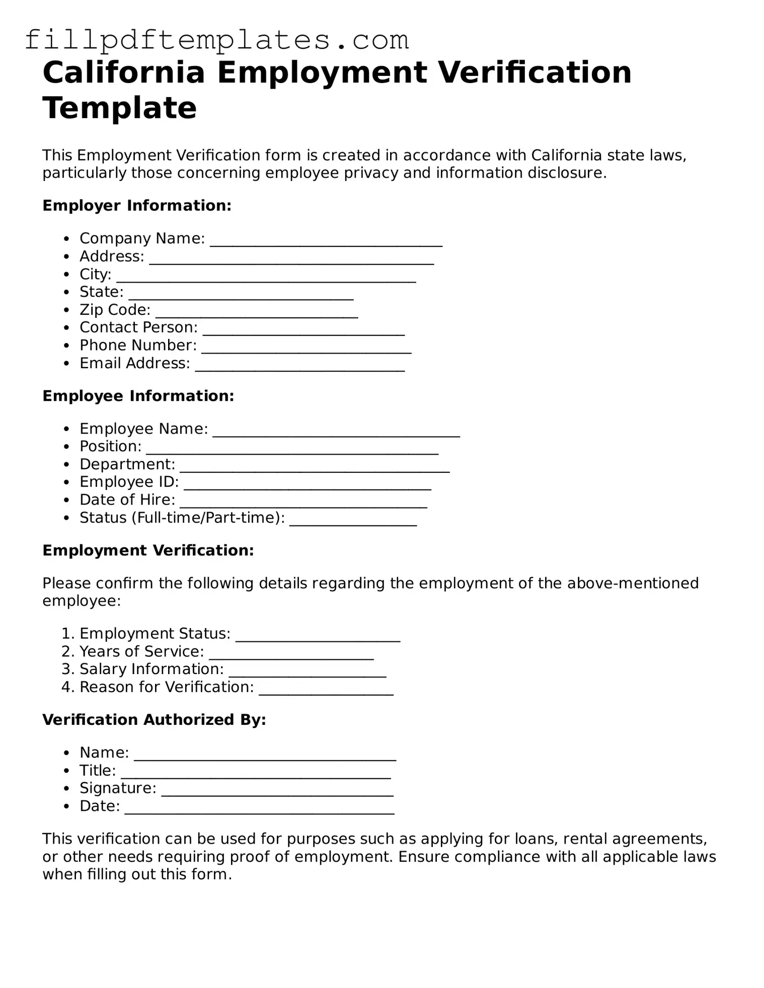 Blank California Employment Verification Form