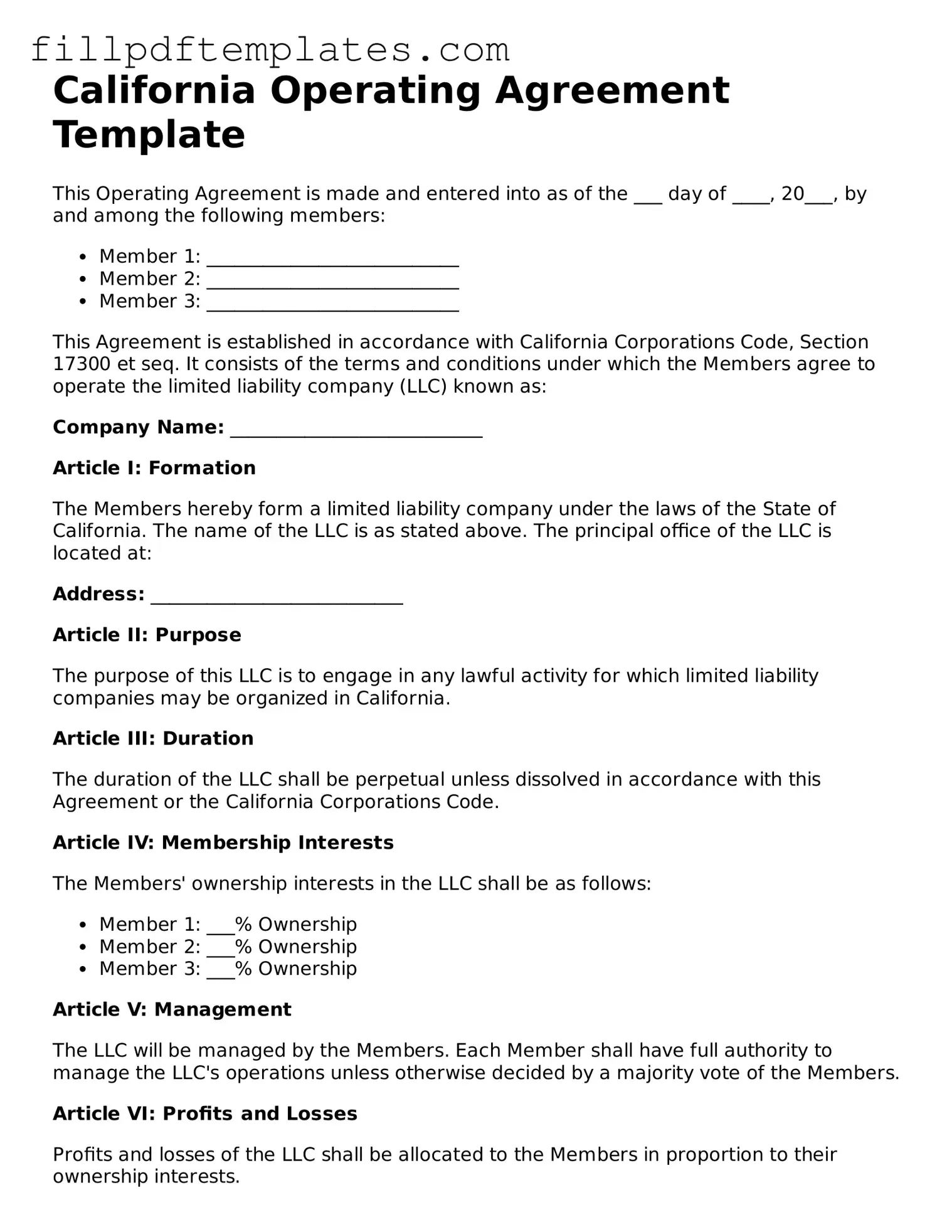 Blank California Operating Agreement Form