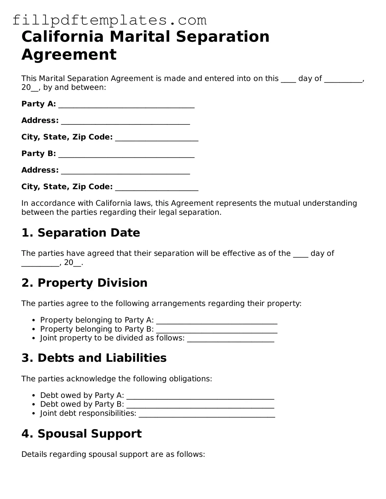 Blank California Marital Separation Agreement Form