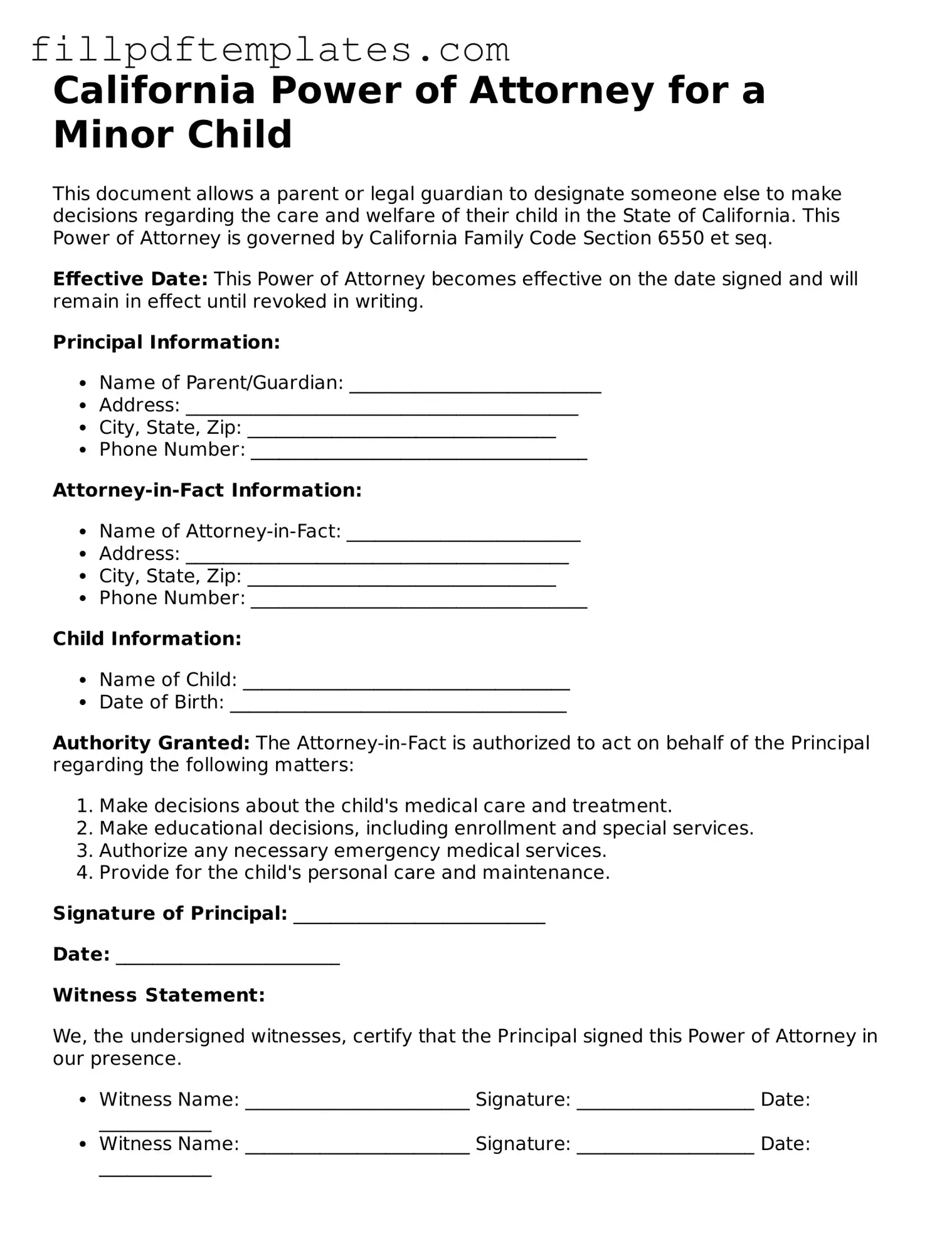 Blank California Power of Attorney for a Child Form