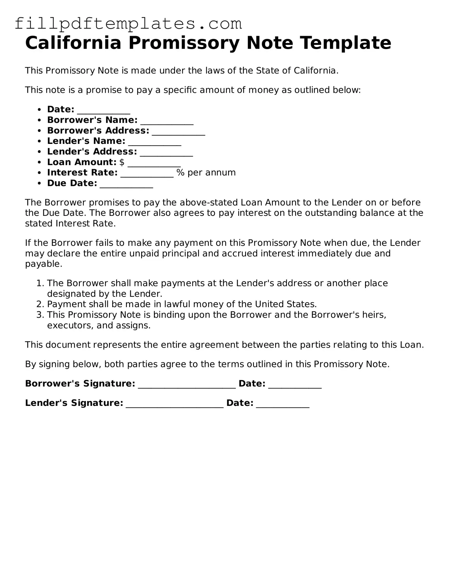 Blank California Promissory Note Form