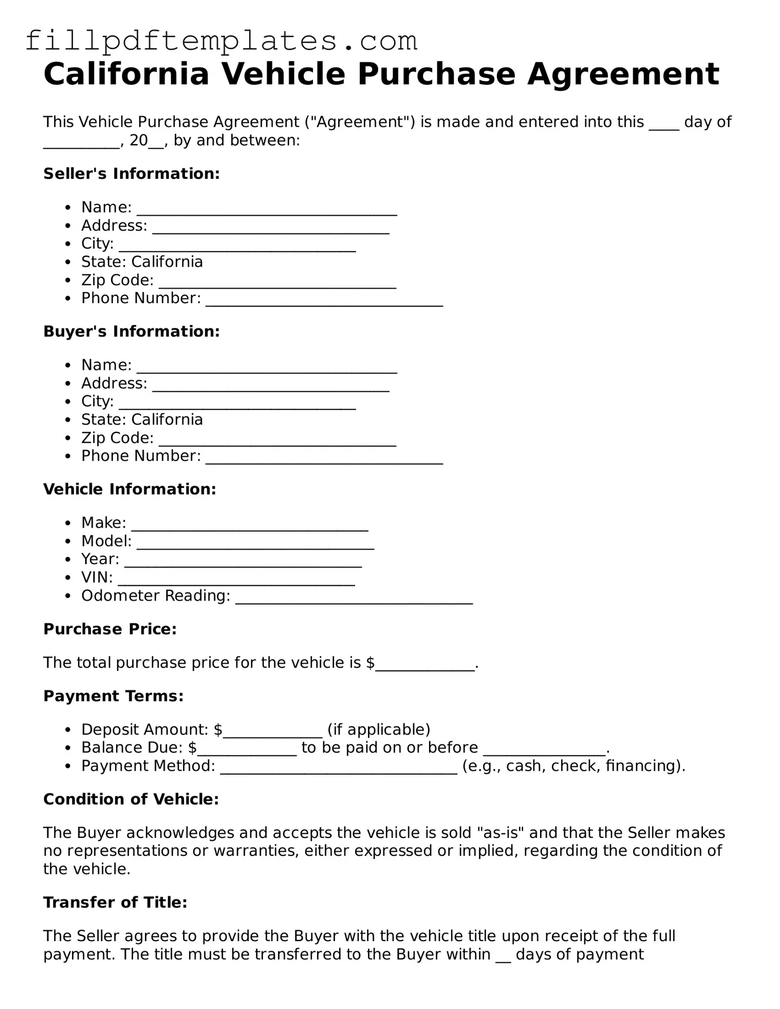 Blank California Vehicle Purchase Agreement Form
