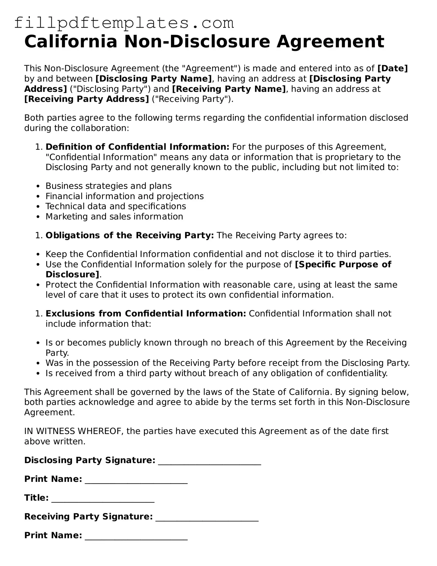 Blank California Non-disclosure Agreement Form