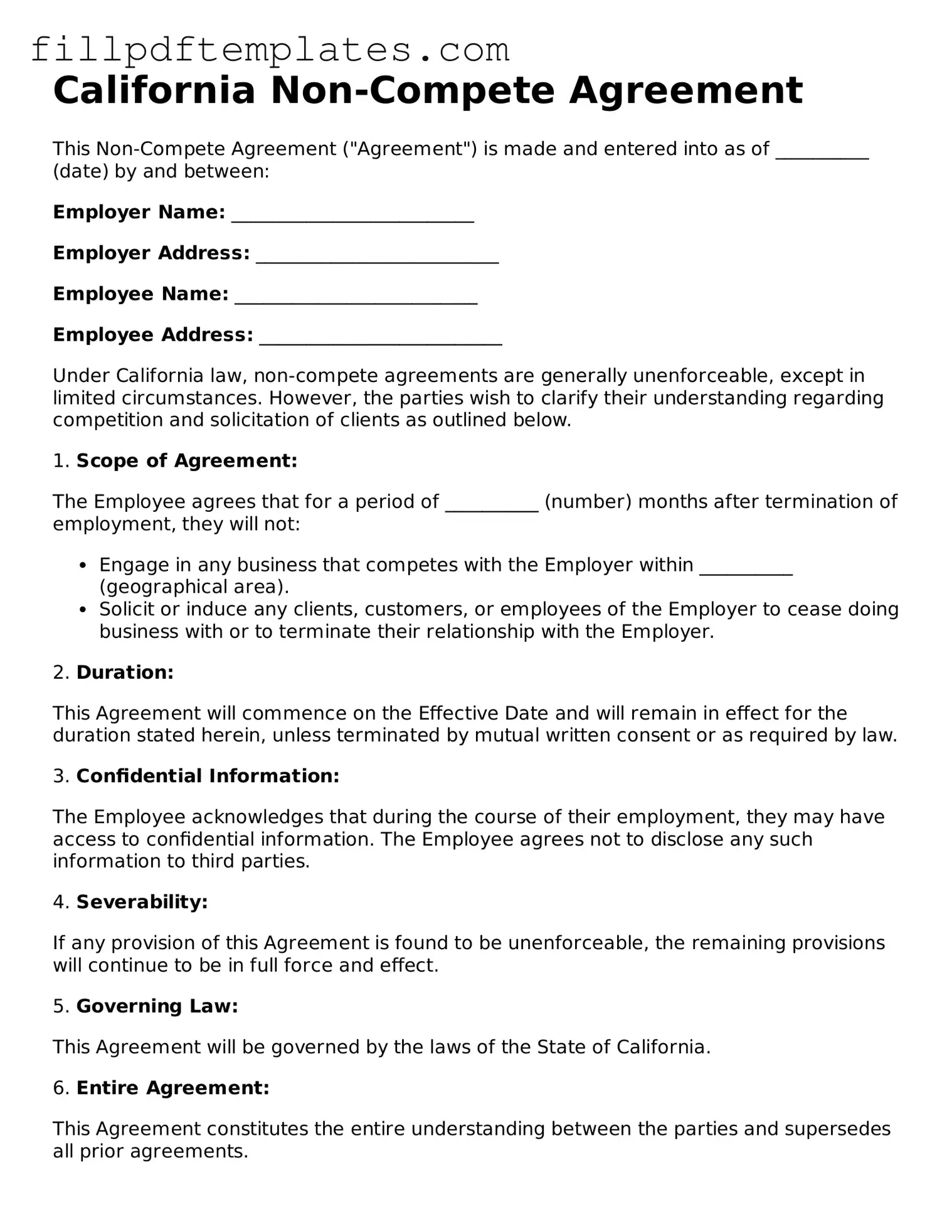 Blank California Non-compete Agreement Form